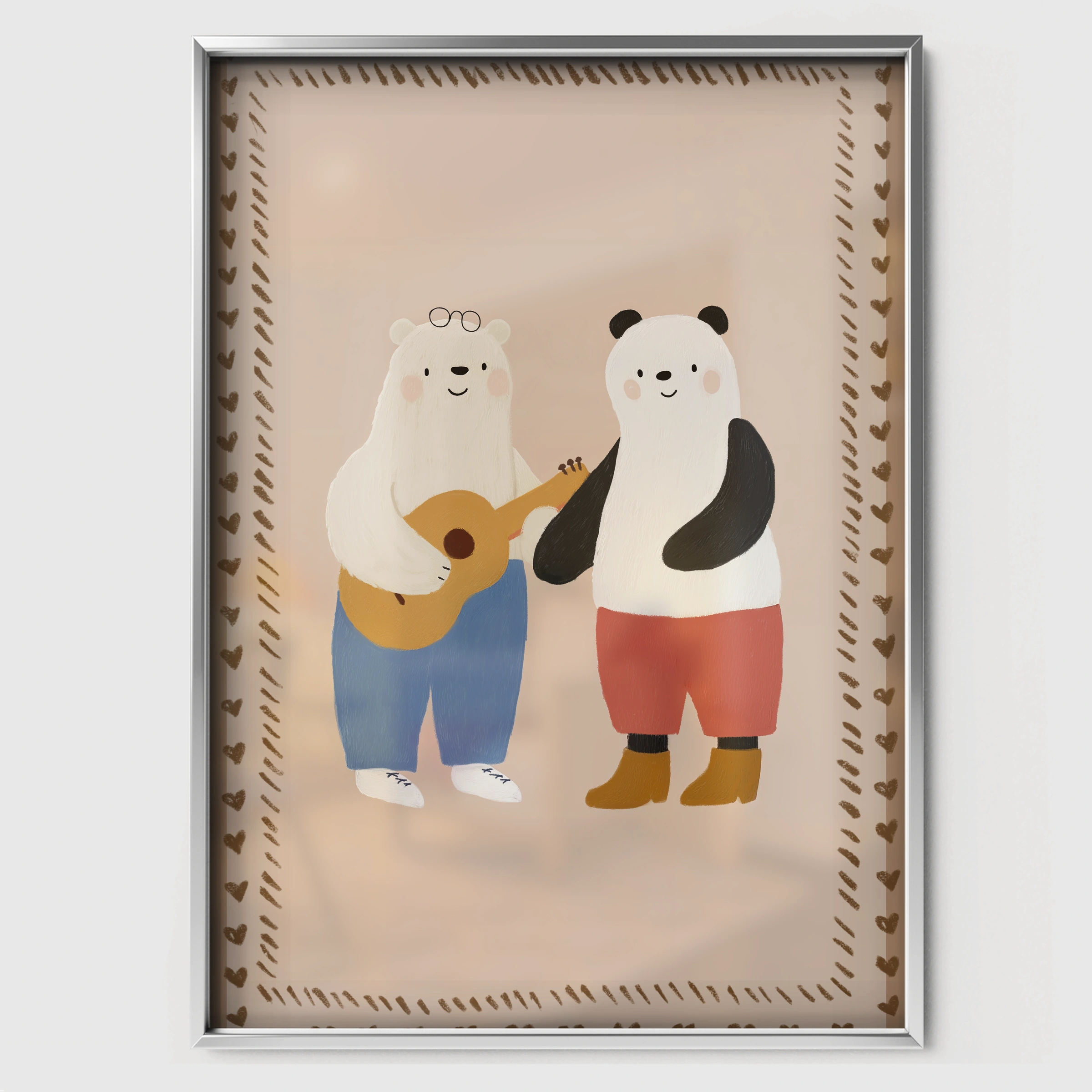 Bear and Panda Band Nursery Print - white framed nursery wall art print