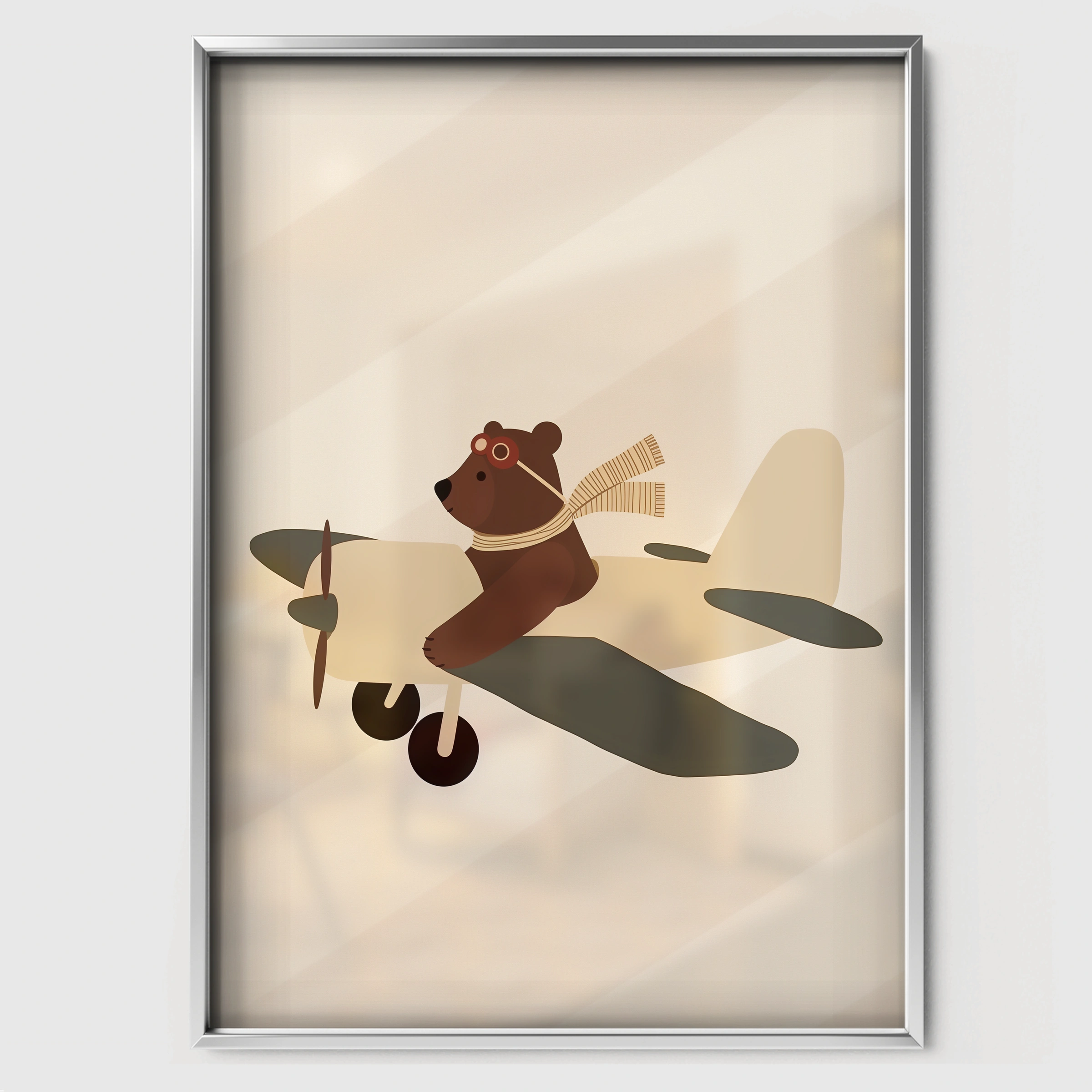 Bear Aviator in a Plane Nursery Print - white framed nursery wall art print