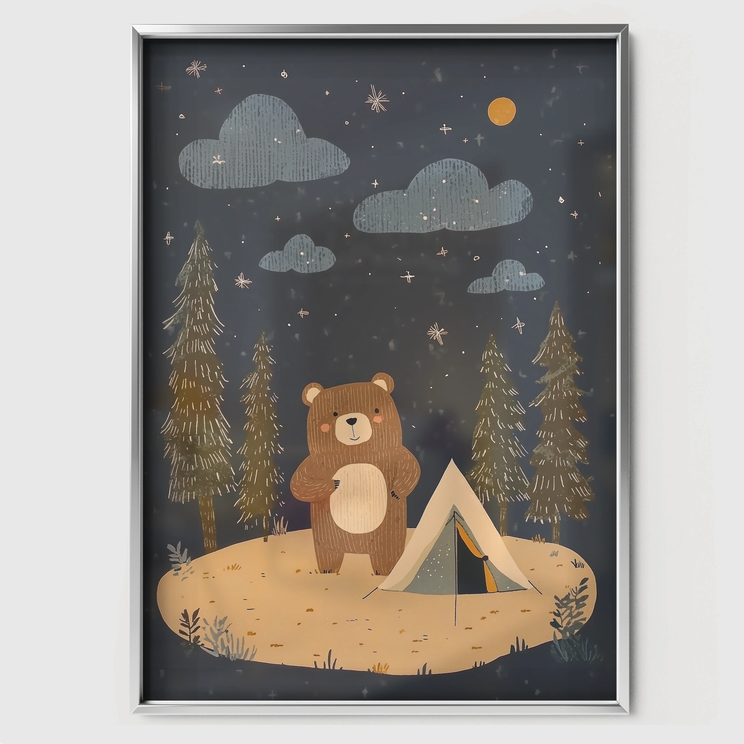 Bear Camping Nursery Print - white framed nursery wall art print