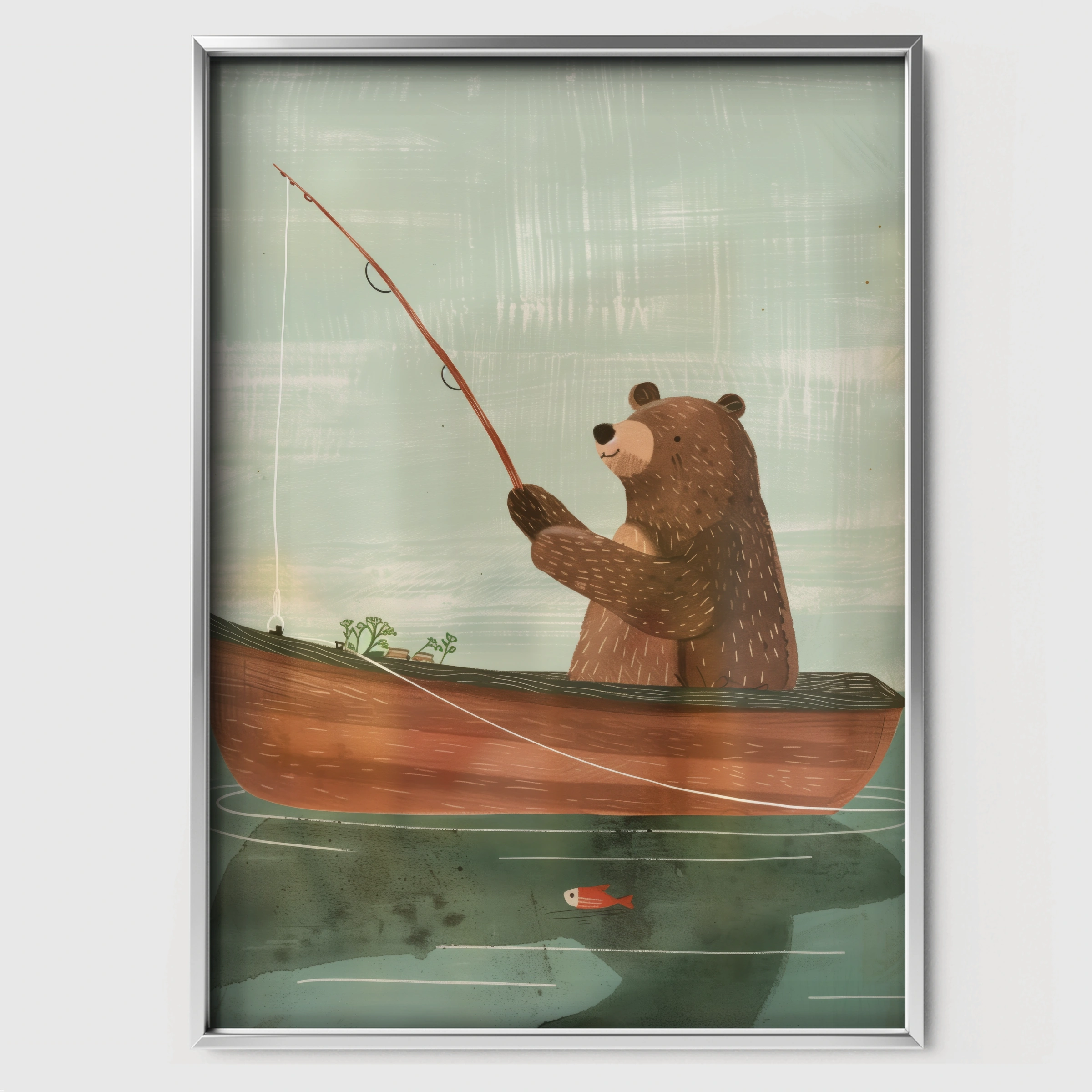 Bear Fishing at Dawn Nursery Print - white framed nursery wall art print