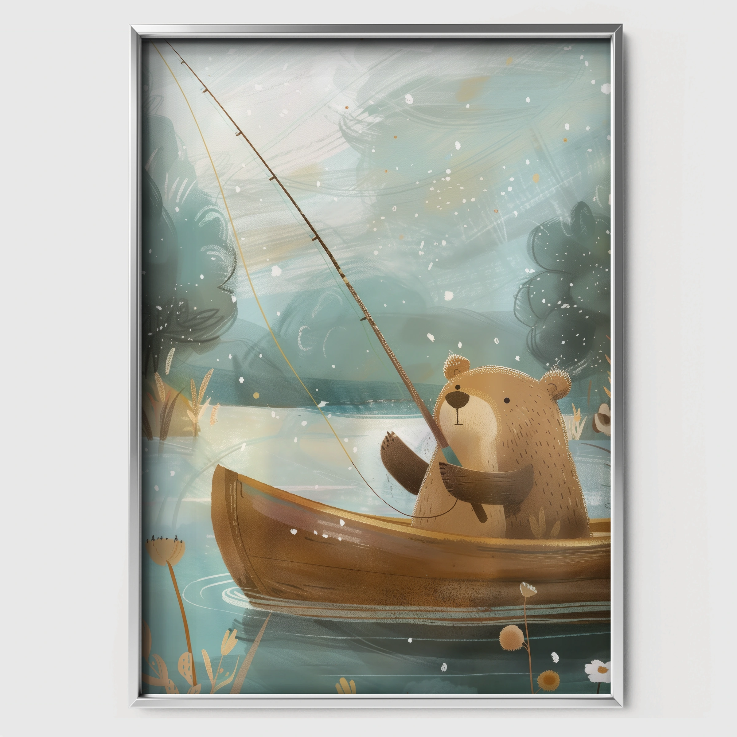 Bear Fishing Nursery Print - white framed nursery wall art print
