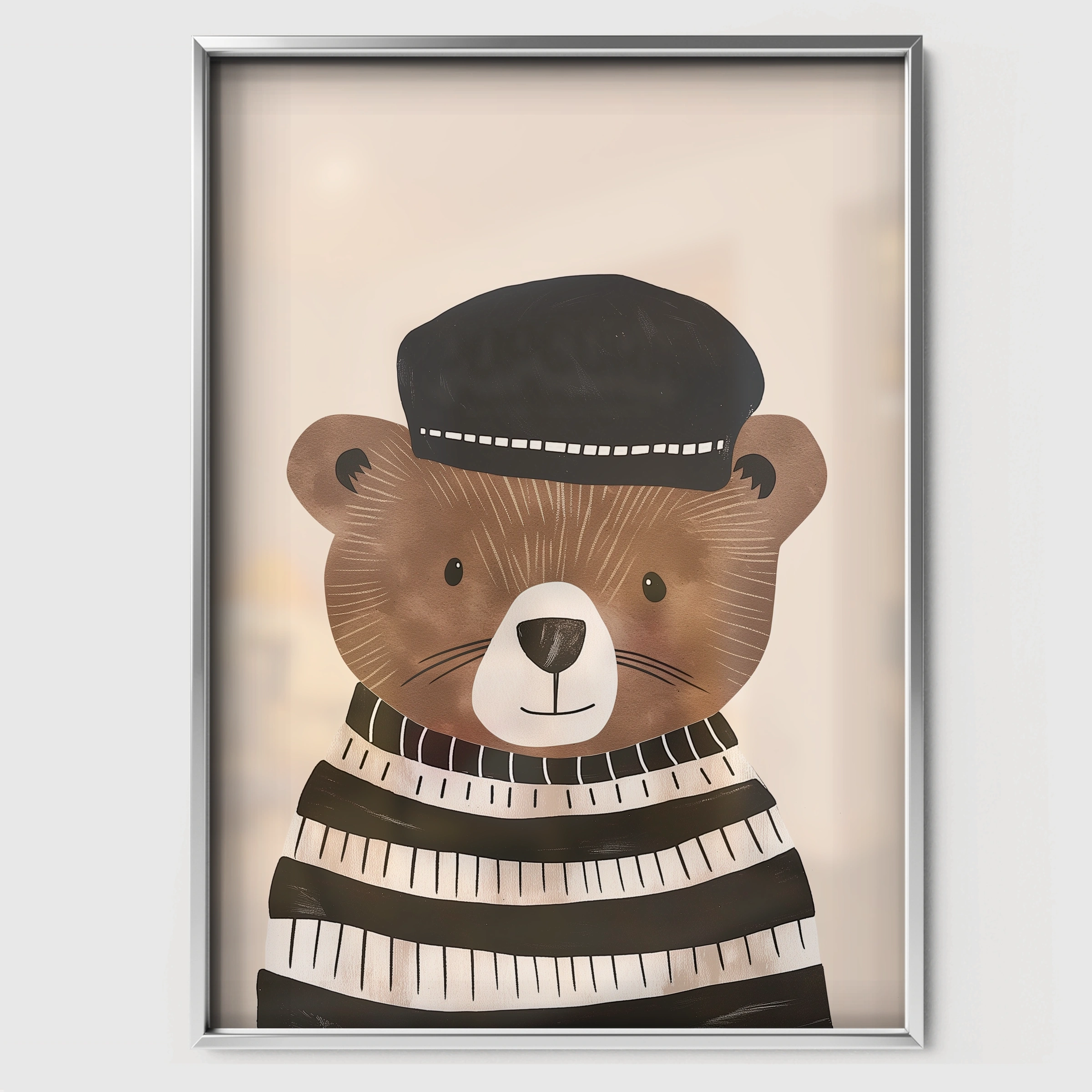Bear in a Beret Nursery Print - white framed nursery wall art print