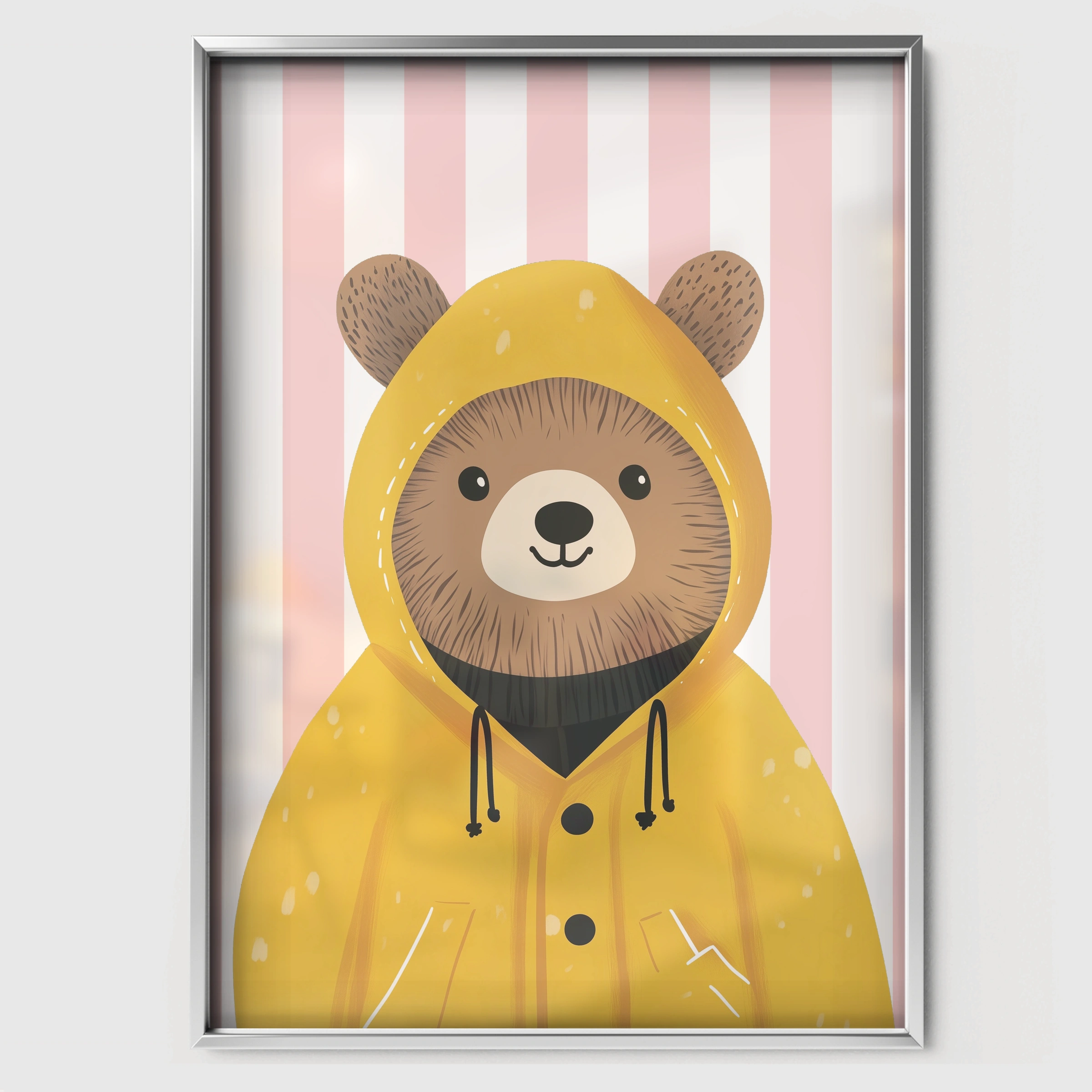 Bear in a Raincoat Nursery Print - white framed nursery wall art print