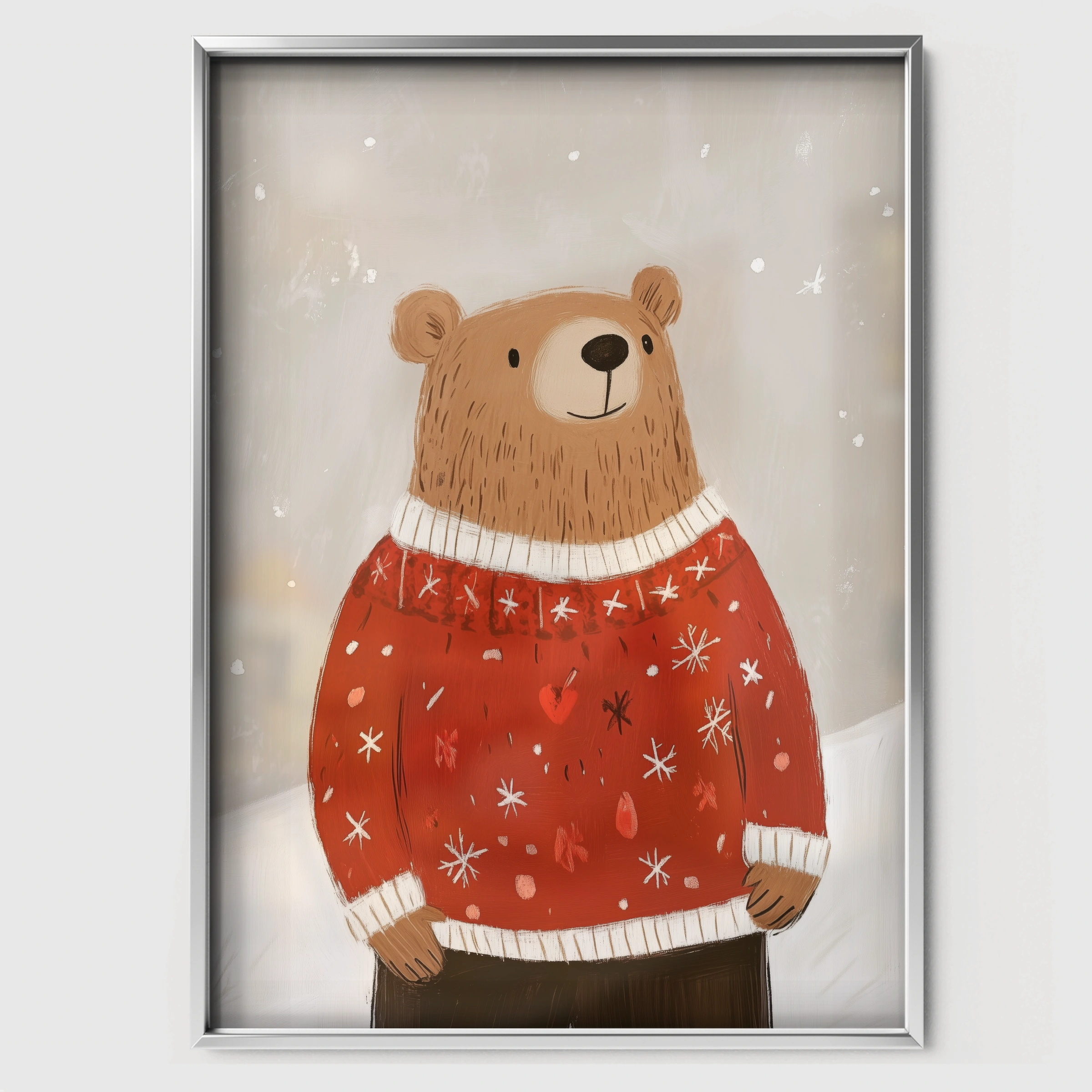 Bear in a Red Sweater Christmas Print - white framed nursery wall art print