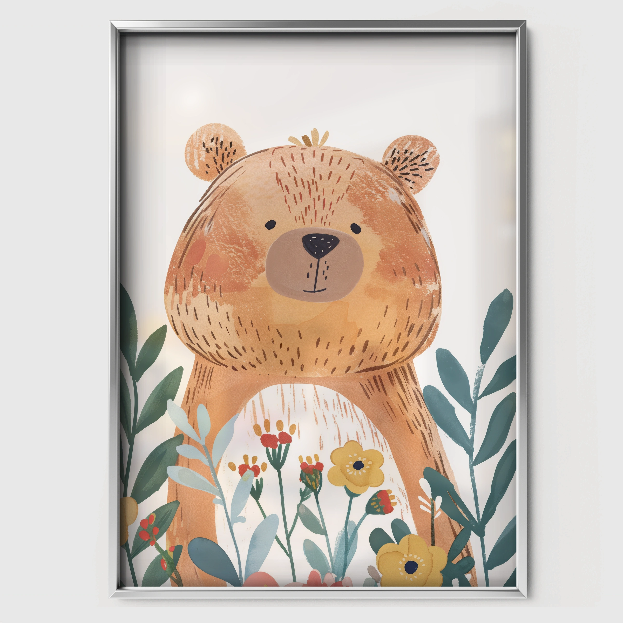 Bear in Flowers Nursery Print - white framed nursery wall art print