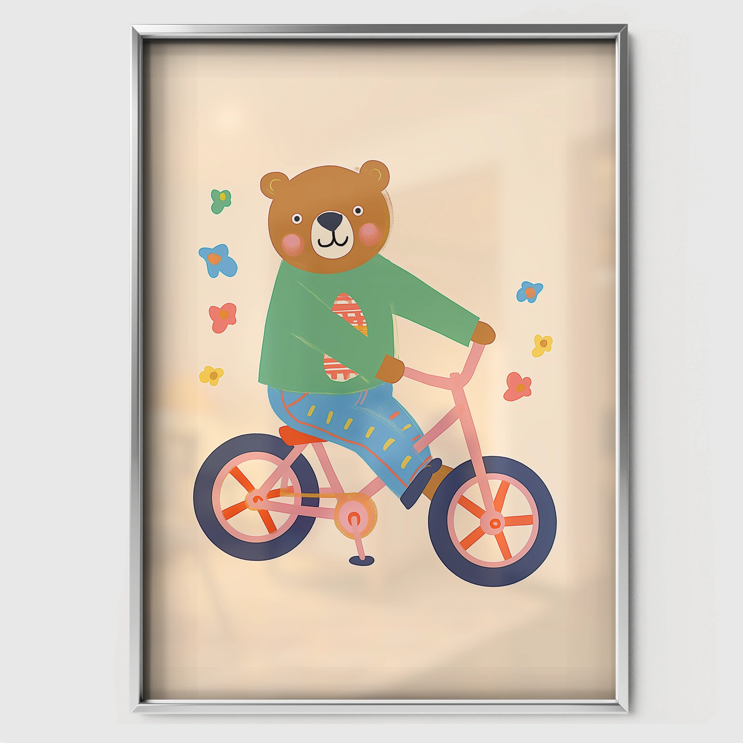 Bear on a Bicycle Nursery Print - white framed nursery wall art print