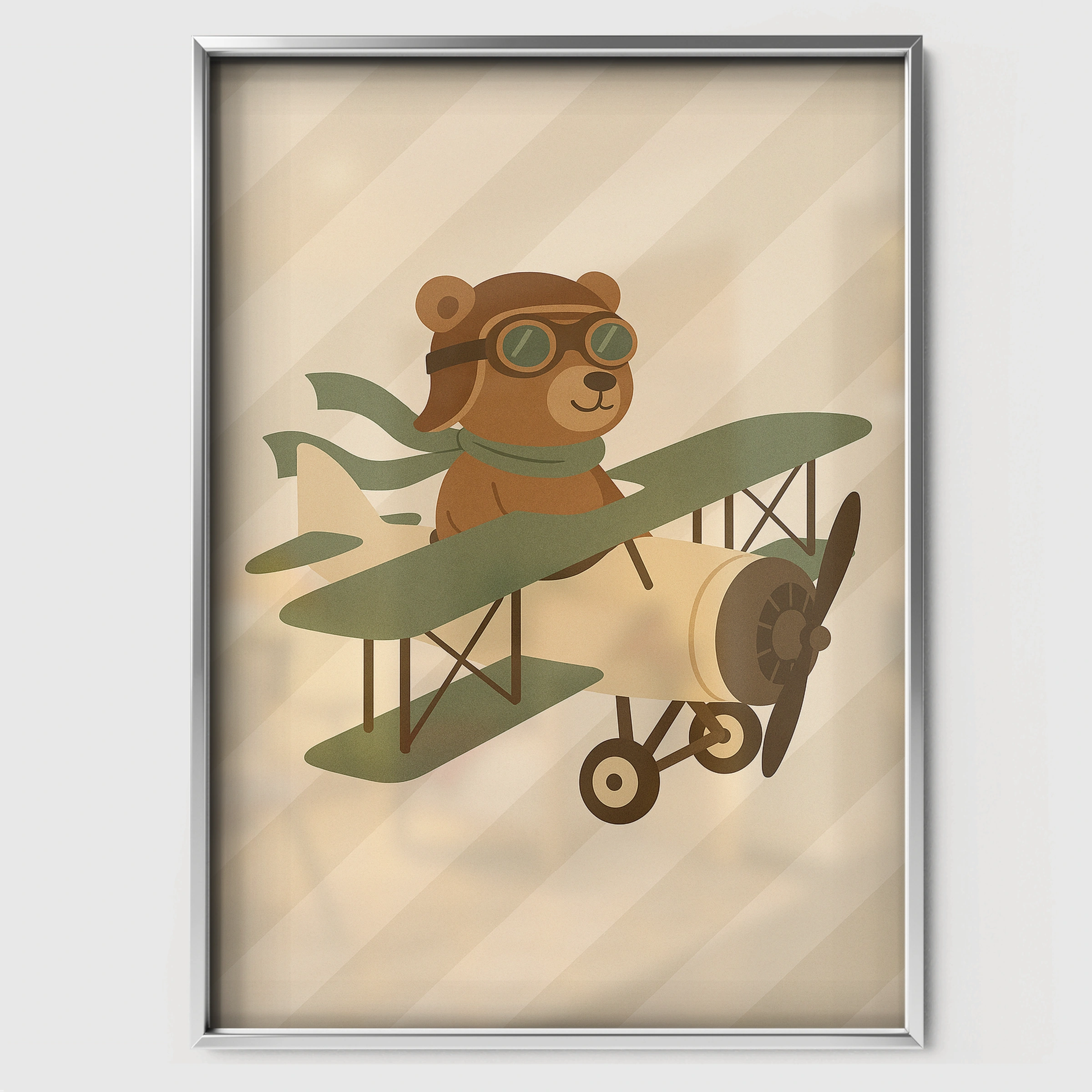 Bear Pilot Biplane Nursery Print - white framed nursery wall art print