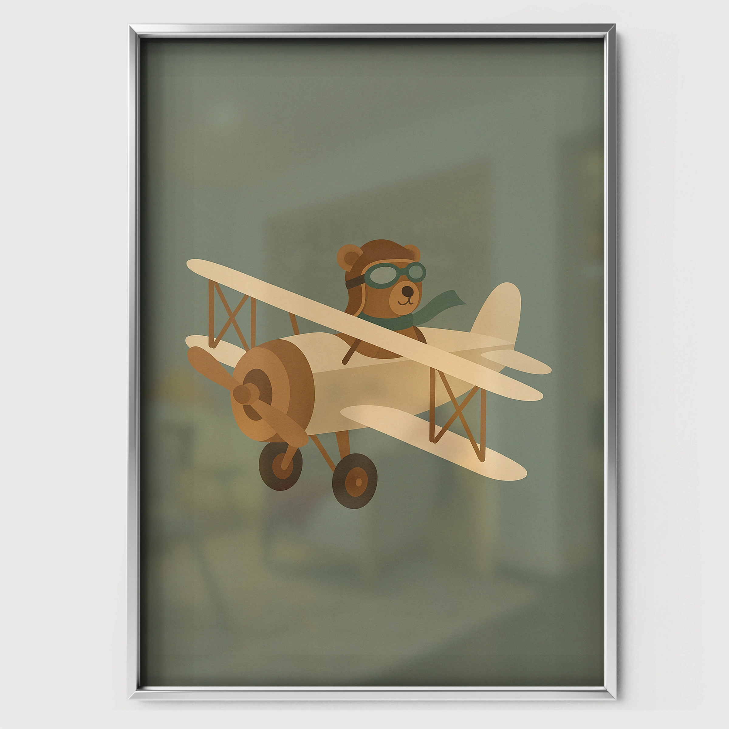 Bear Pilot in a Plane Nursery Print - white framed nursery wall art print