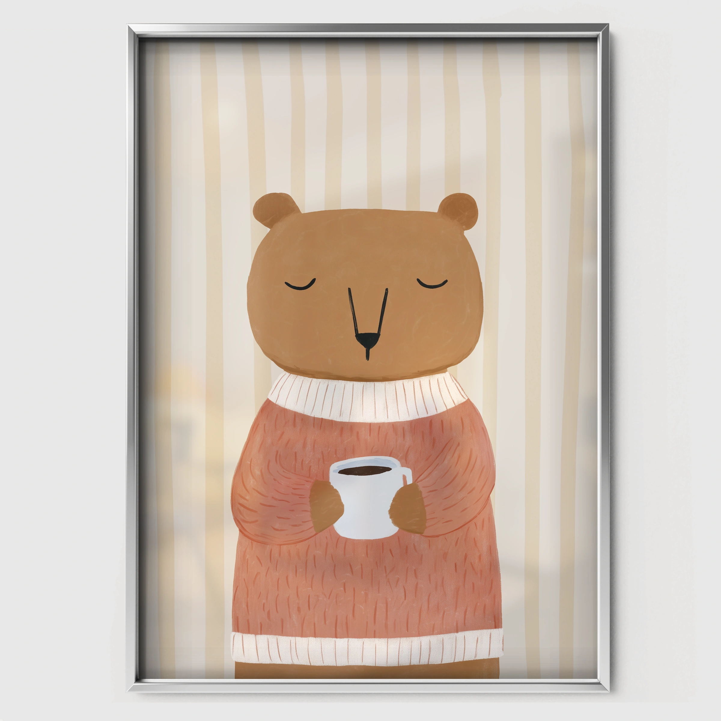Bear with a Cup Nursery Print - white framed nursery wall art print
