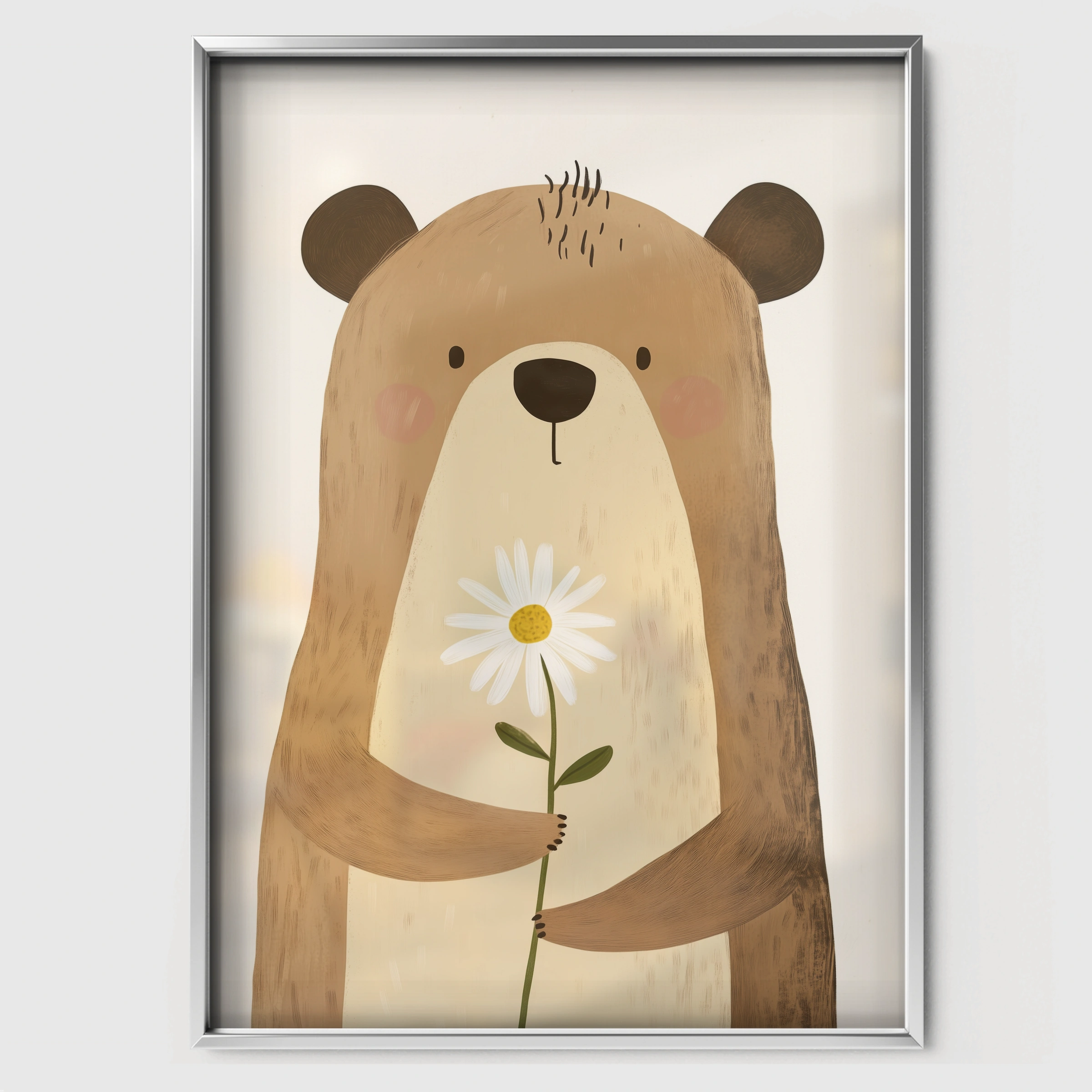 Bear with a Daisy Nursery Print - white framed nursery wall art print