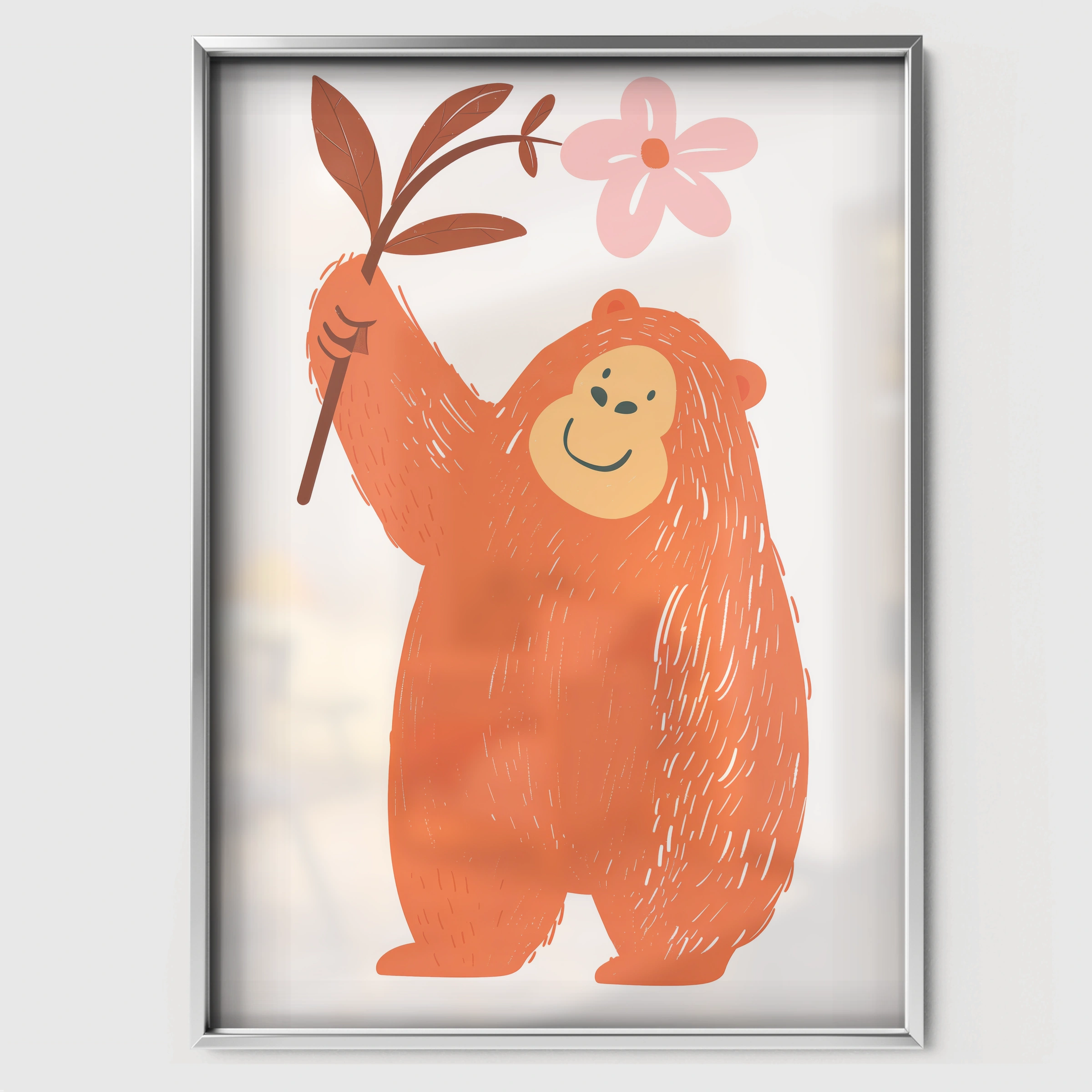 Bear with a Flower Nursery Print - white framed nursery wall art print