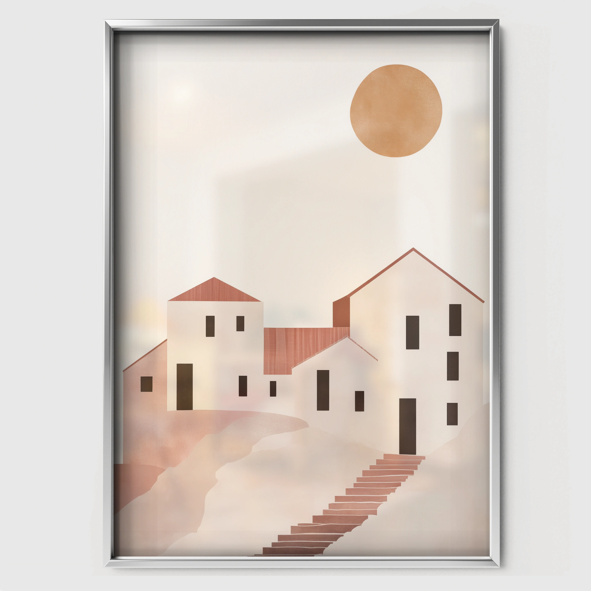 Beige Village Nursery Print - white framed nursery wall art print