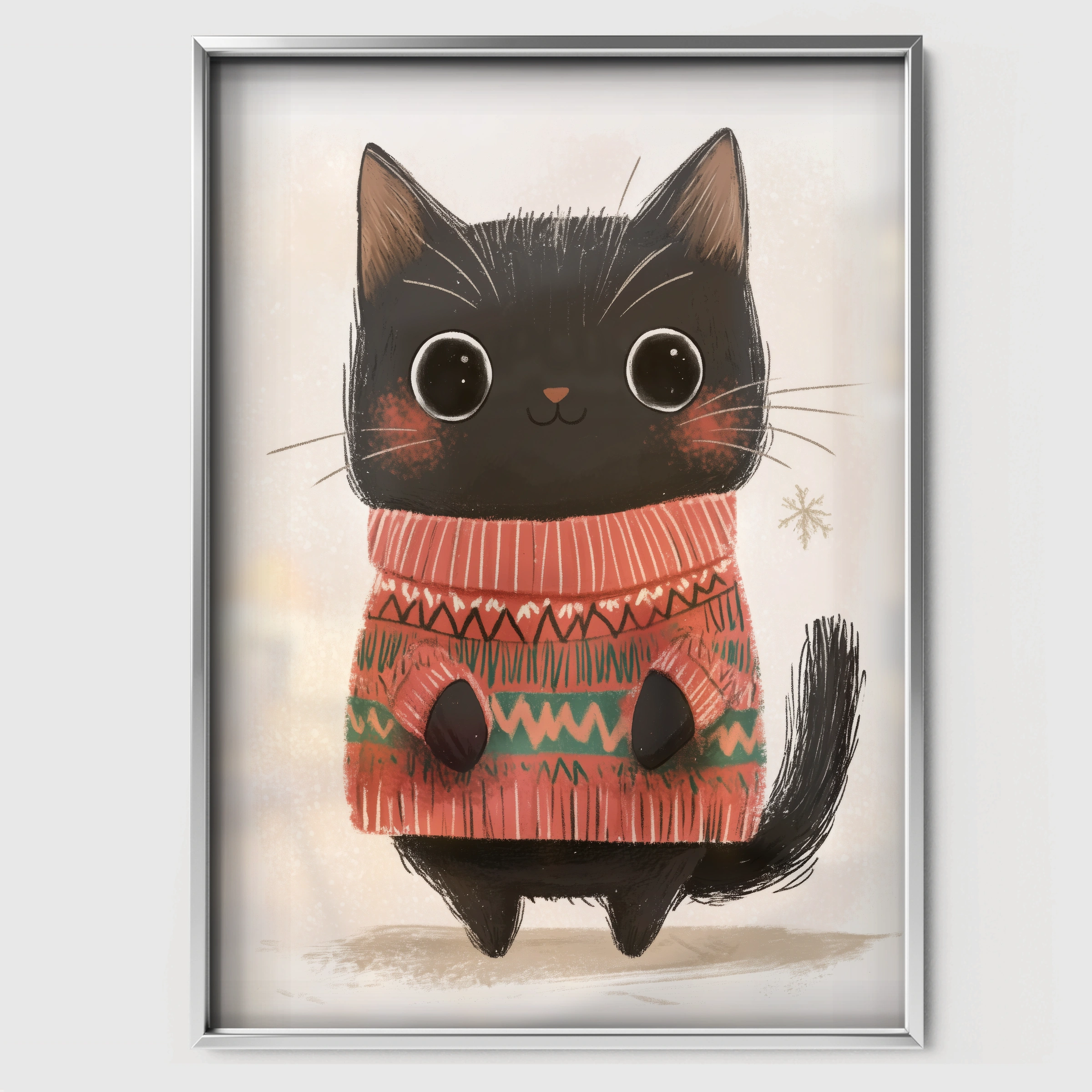 Black Cat in a Sweater Christmas Print - white framed nursery wall art print