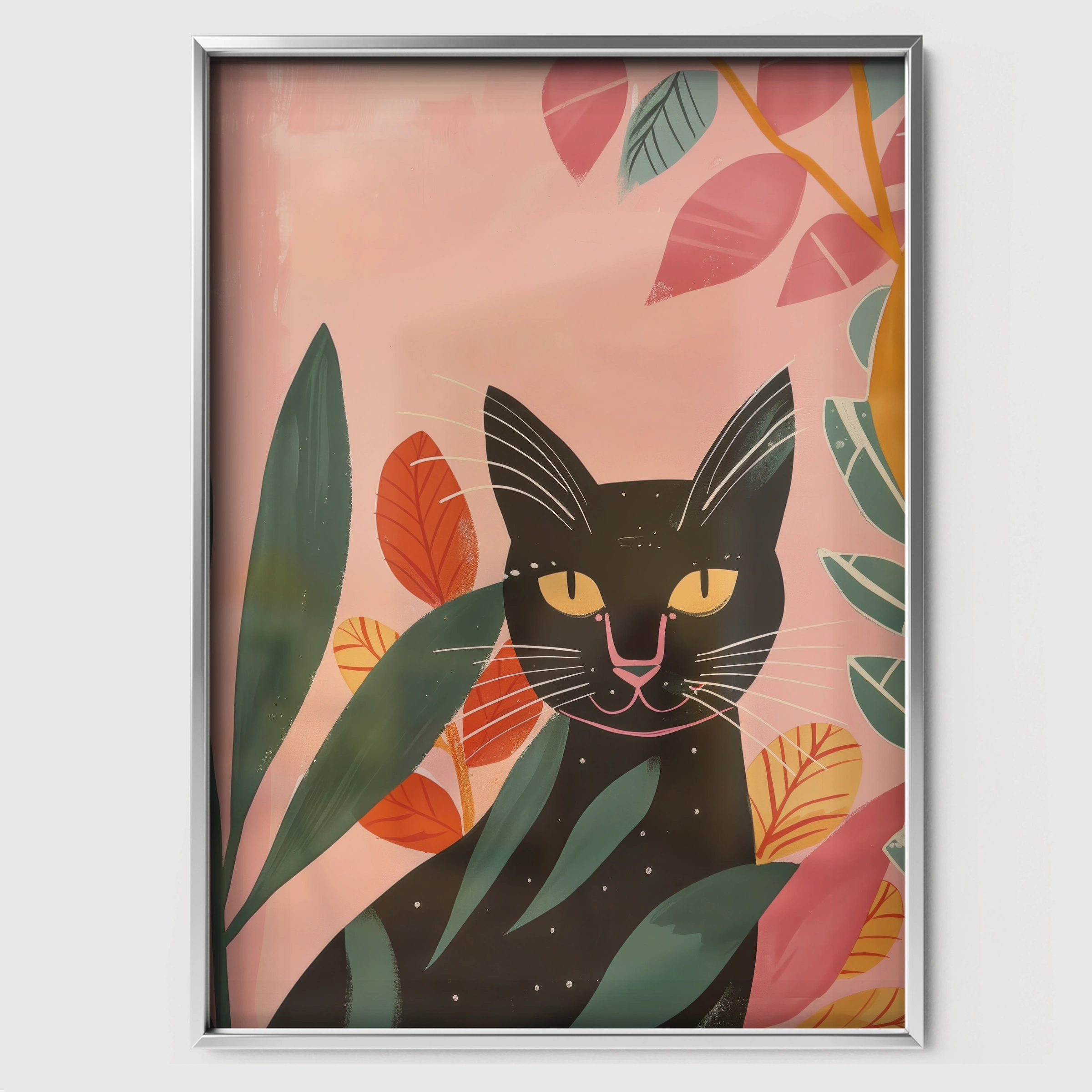 Black Cat in Flowers Nursery Print - white framed nursery wall art print