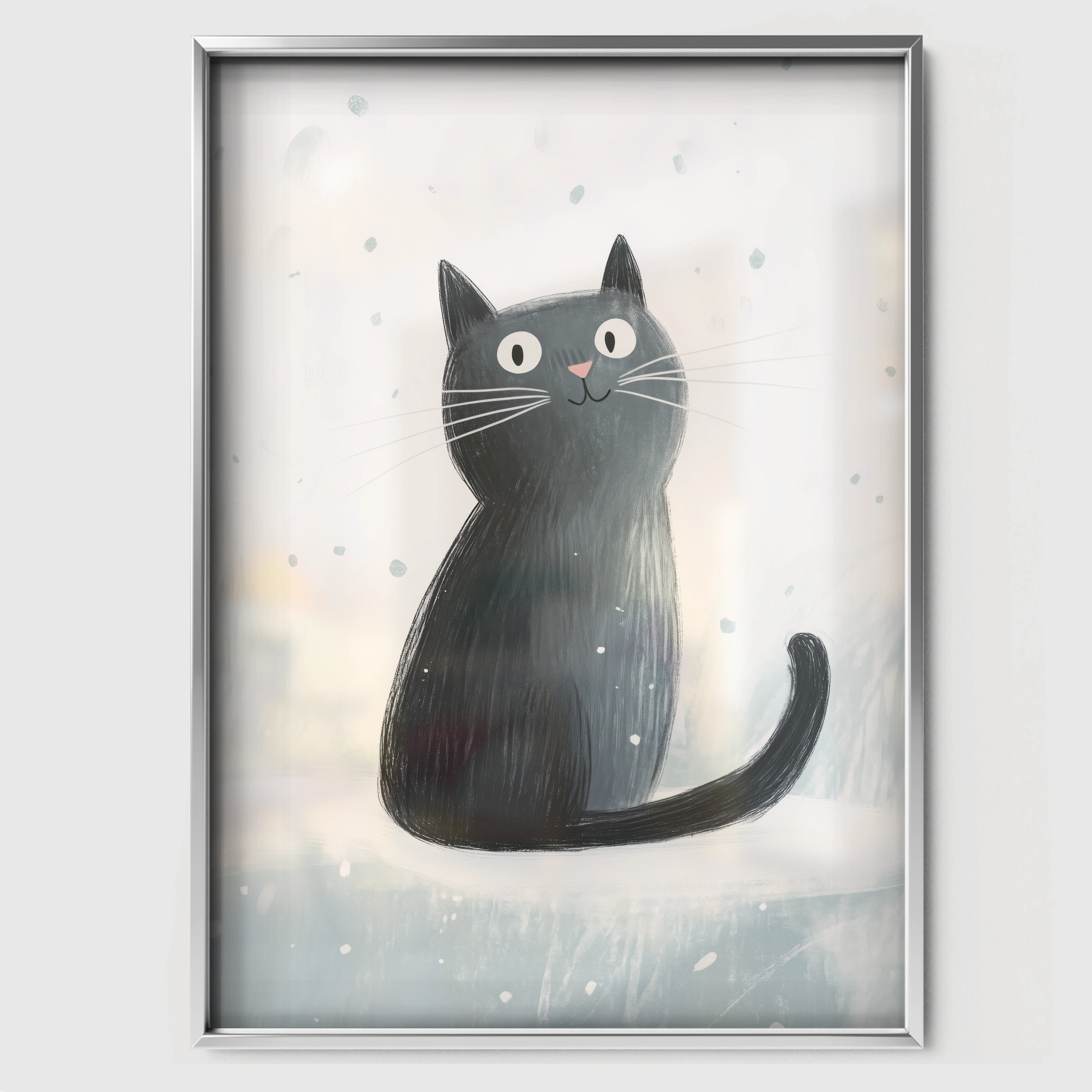 Black Cat in the Snow Christmas Print - white framed nursery wall art print