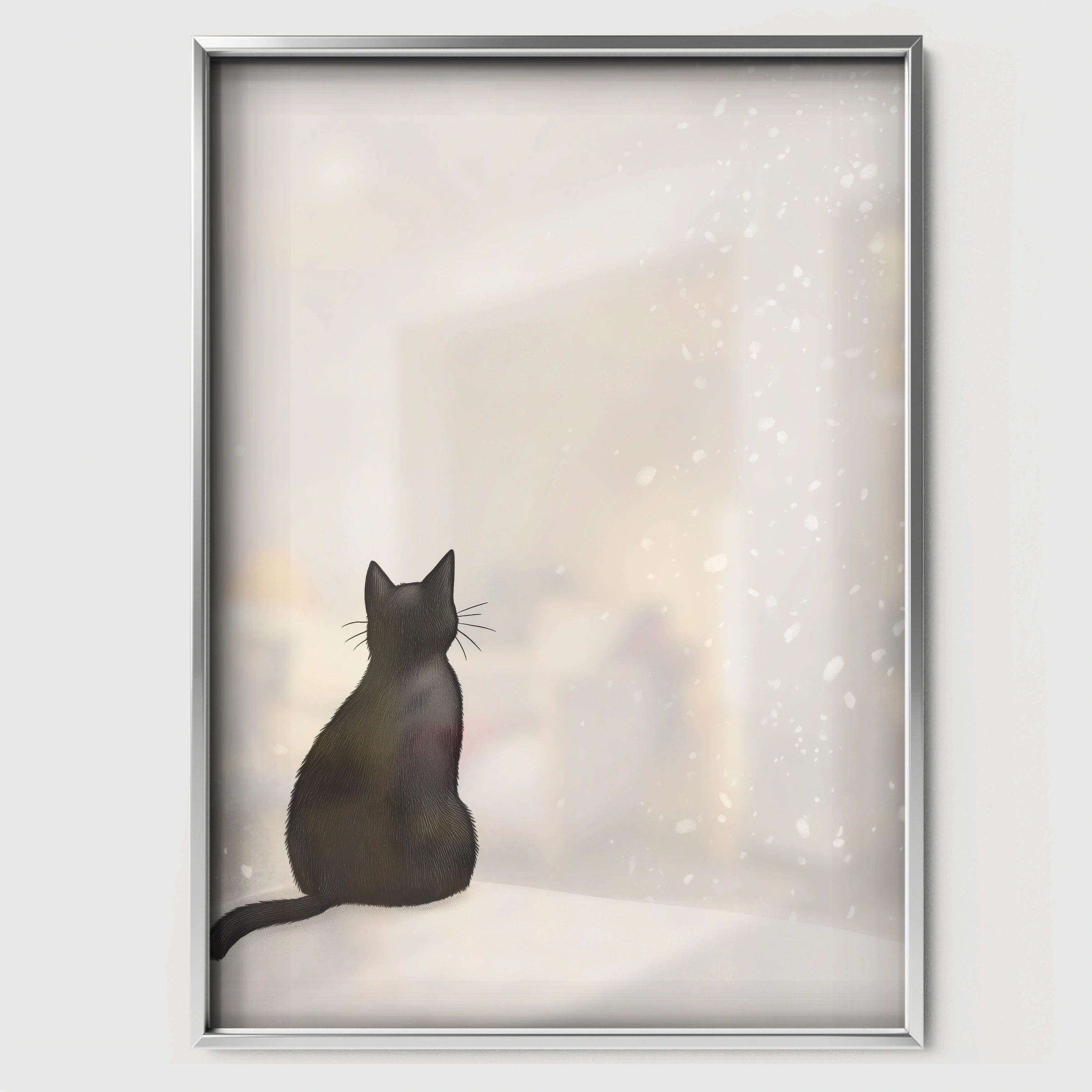 Black Cat in the Snow Two Christmas Print - white framed nursery wall art print