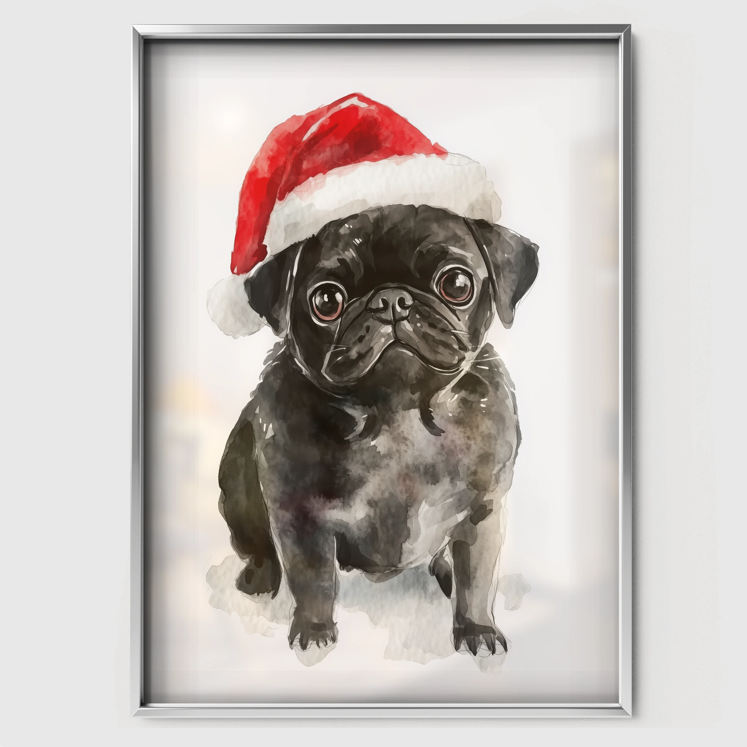 Black Pug in a Santa Hat Christmas Print - white framed nursery wall art print