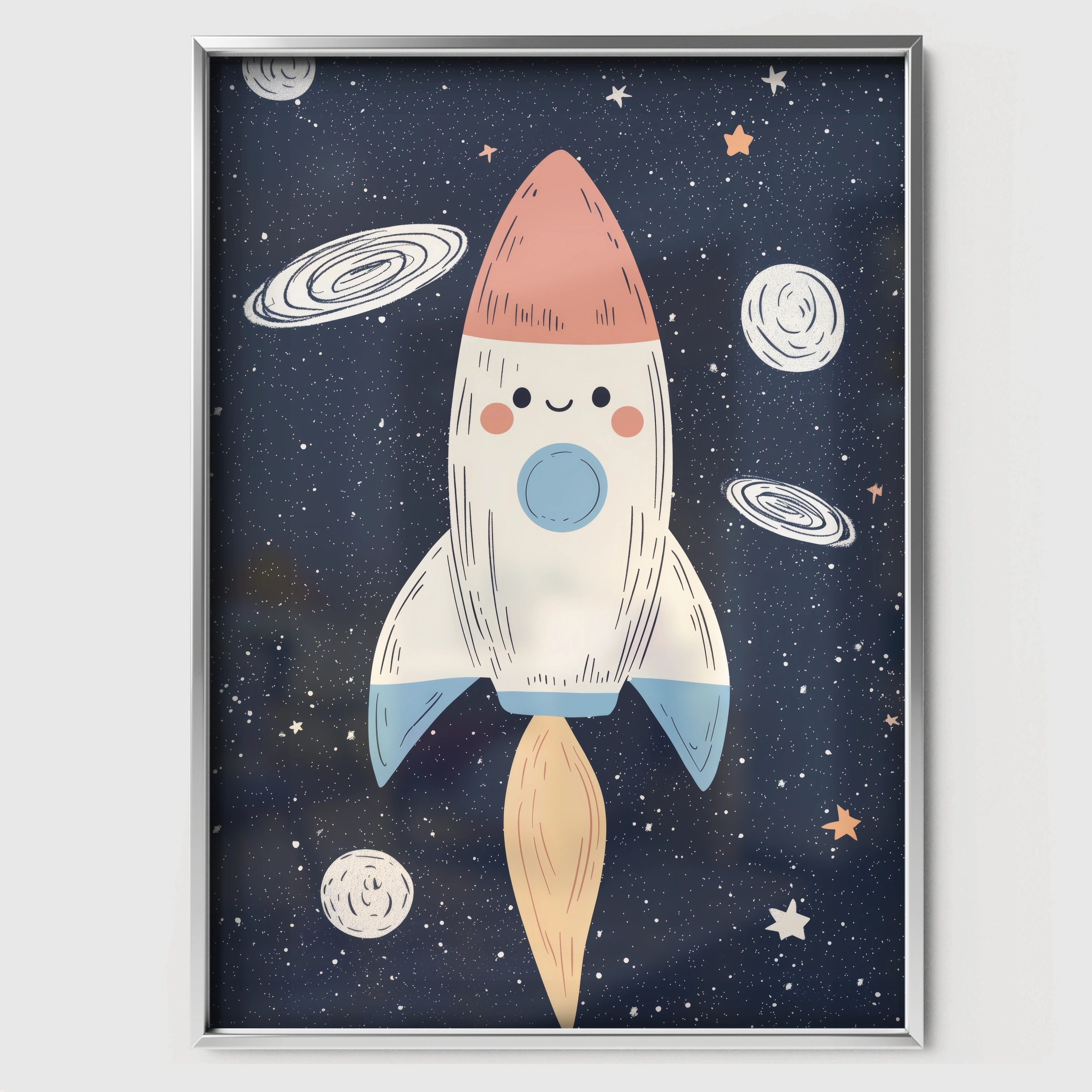 Blast Off Rocket Nursery Print - white framed nursery wall art print