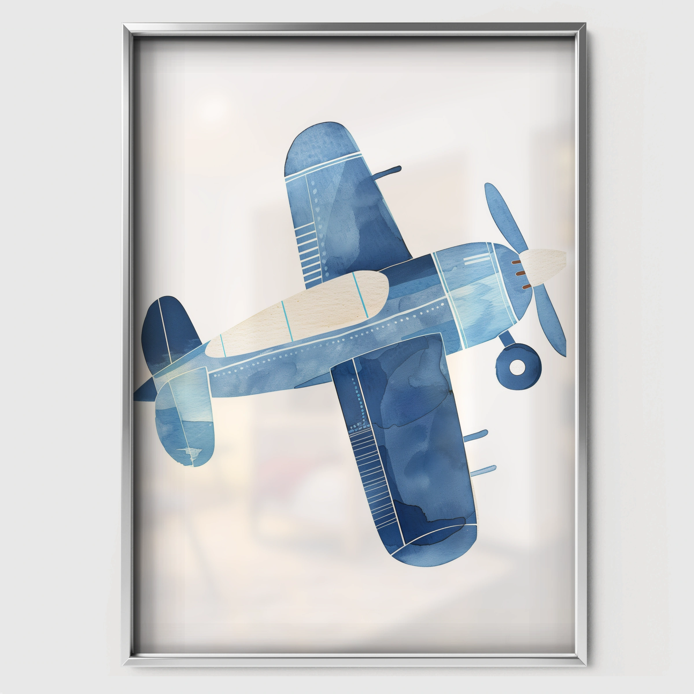 Blue Airplane Nursery Print - white framed nursery wall art print