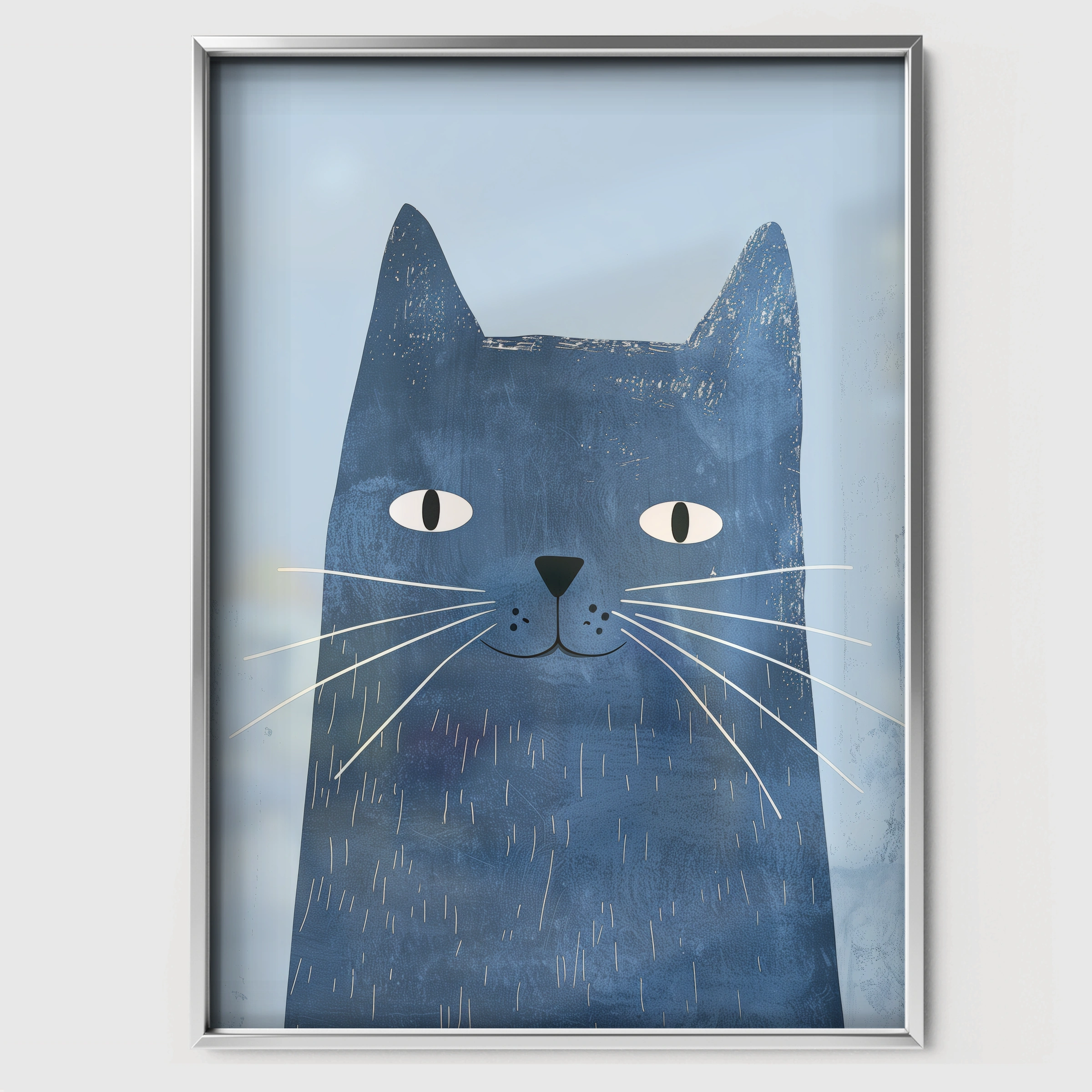 Blue Cat Nursery Print - white framed nursery wall art print