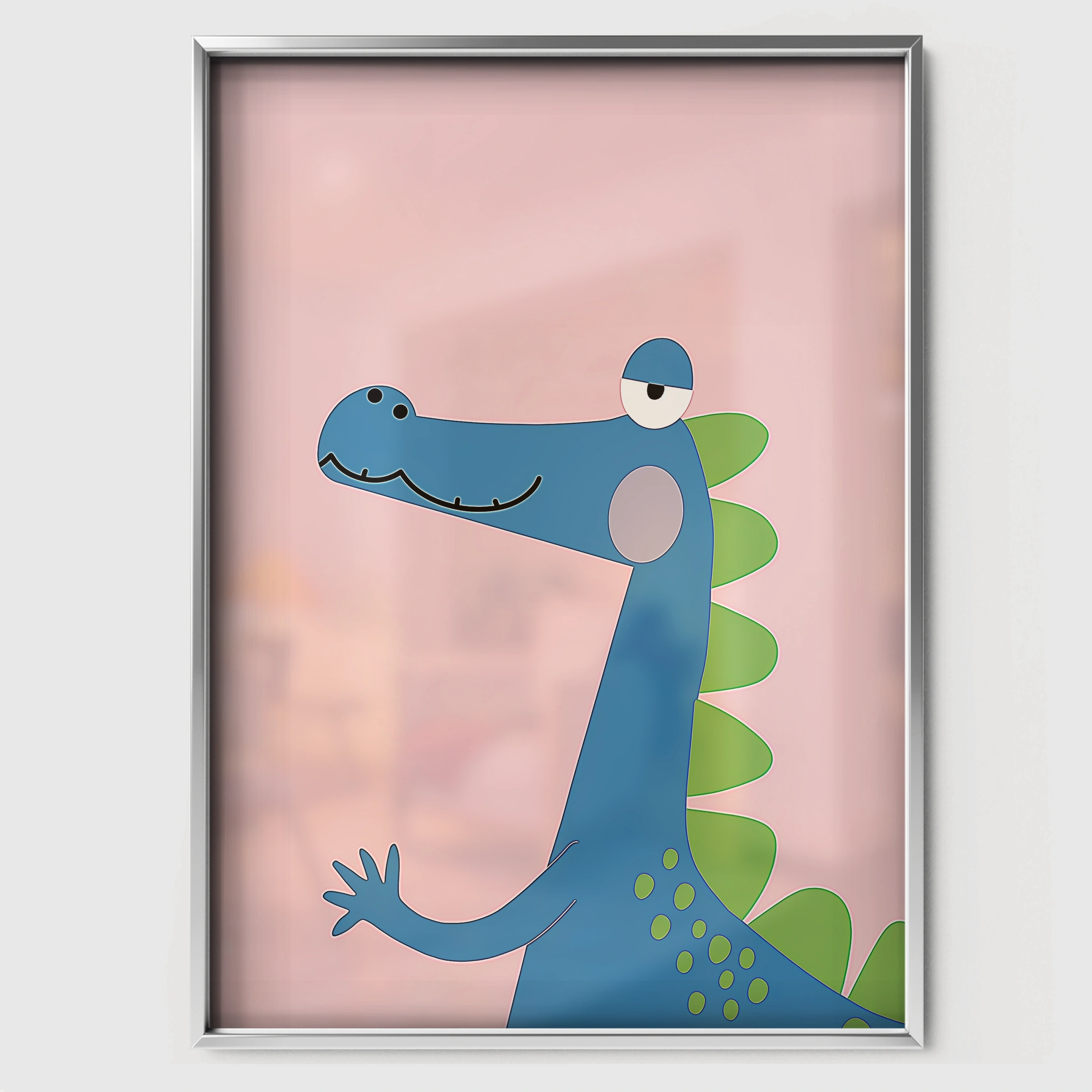 Blue Dinosaur Nursery Print - white framed nursery wall art print