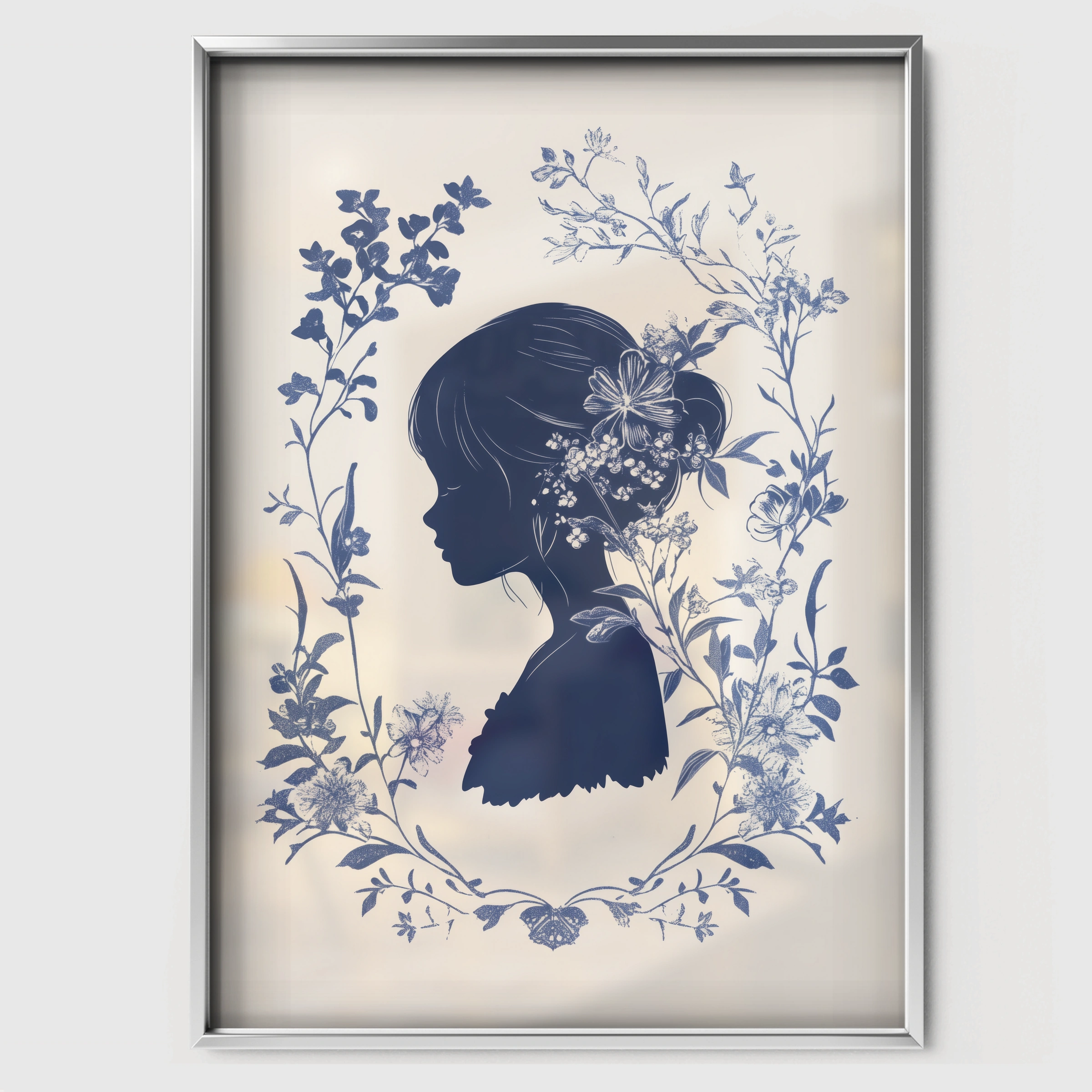 Blue Floral Silhouette Nursery Print - white framed nursery wall art print