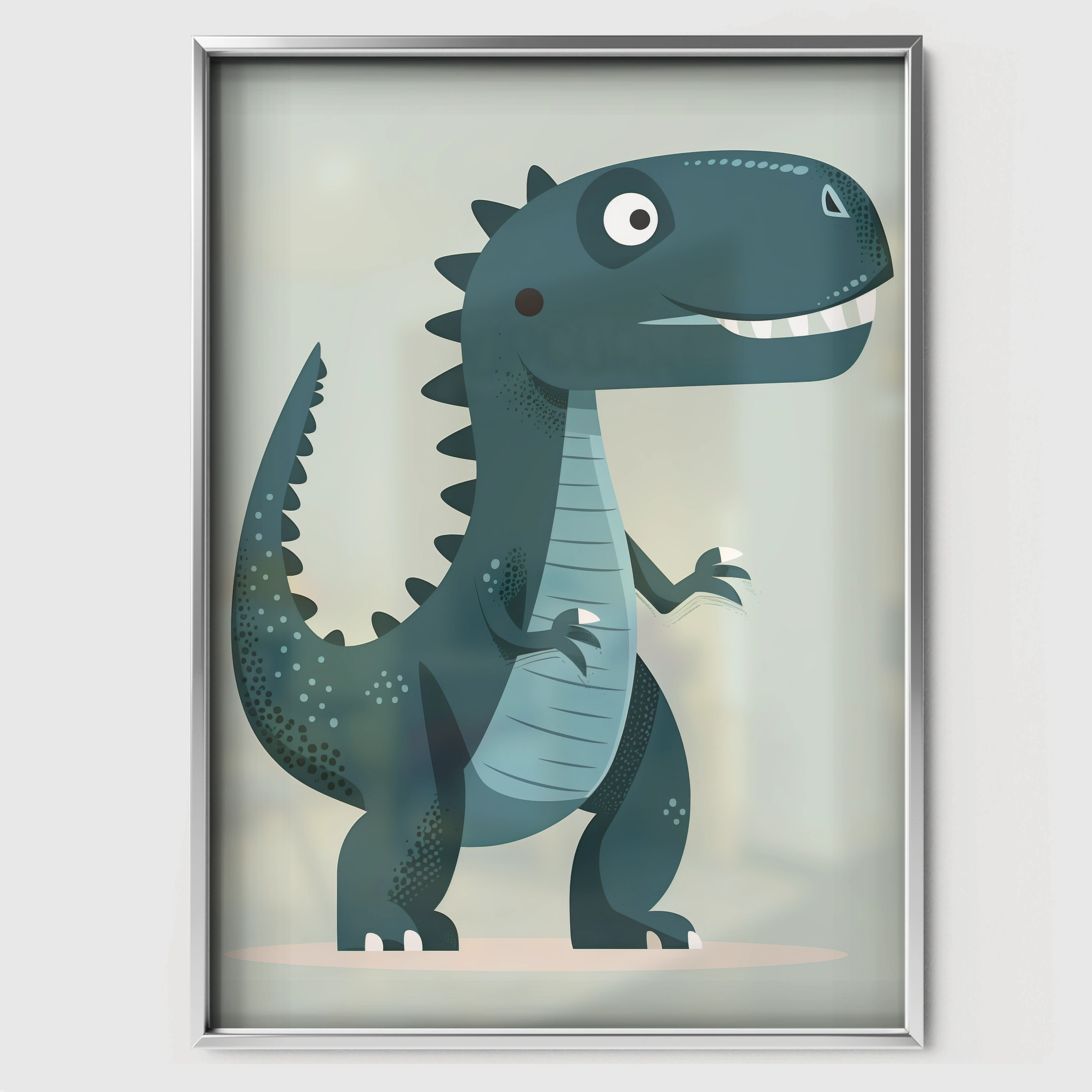 Blue T-Rex Nursery Print - white framed nursery wall art print