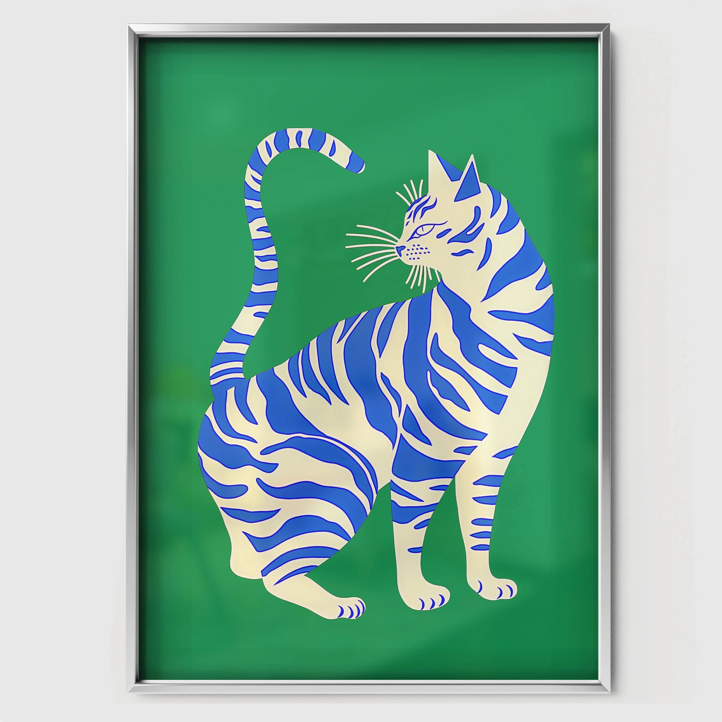 Blue Tiger Cat Nursery Print - white framed nursery wall art print