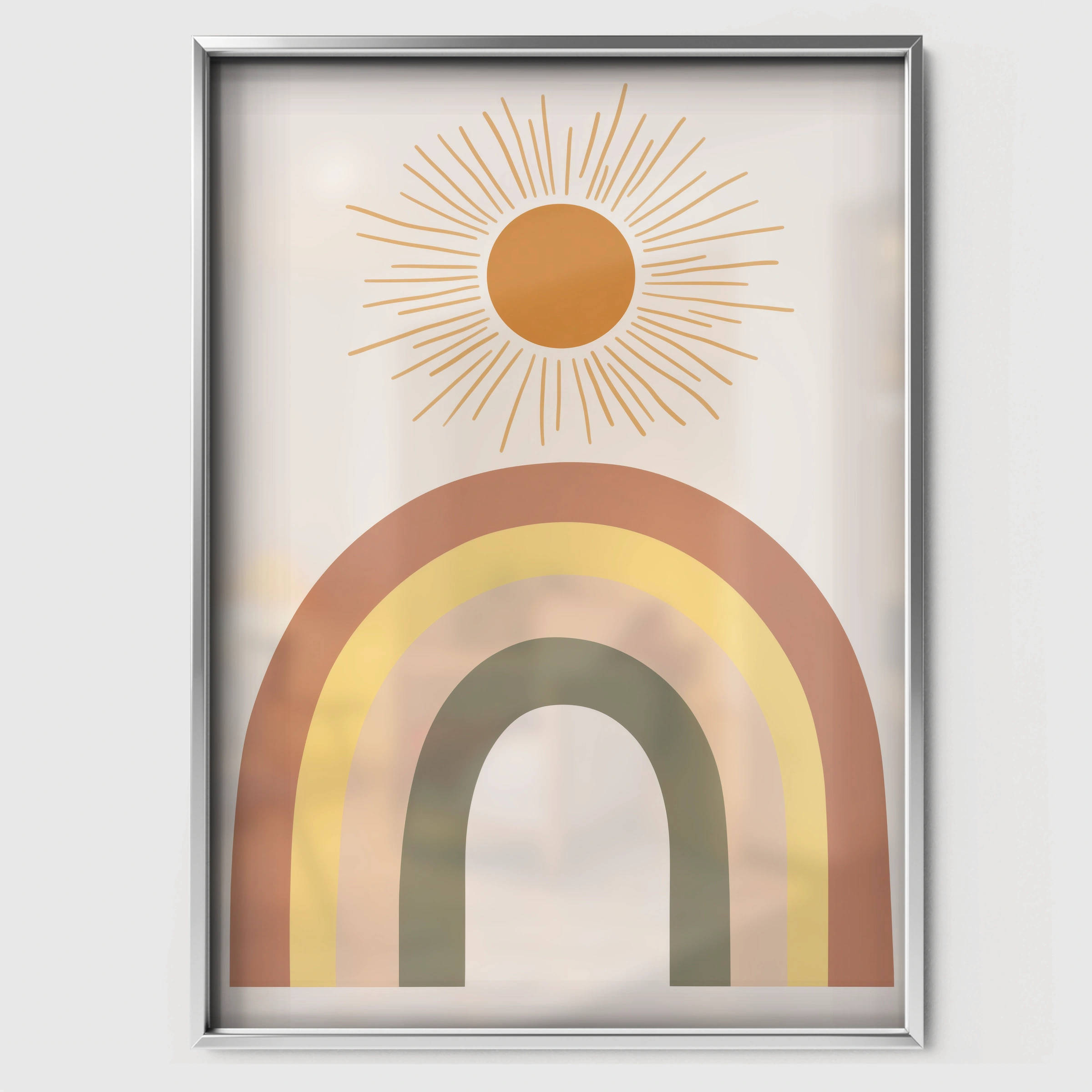 Boho Rainbow Sun Nursery Print - white framed nursery wall art print