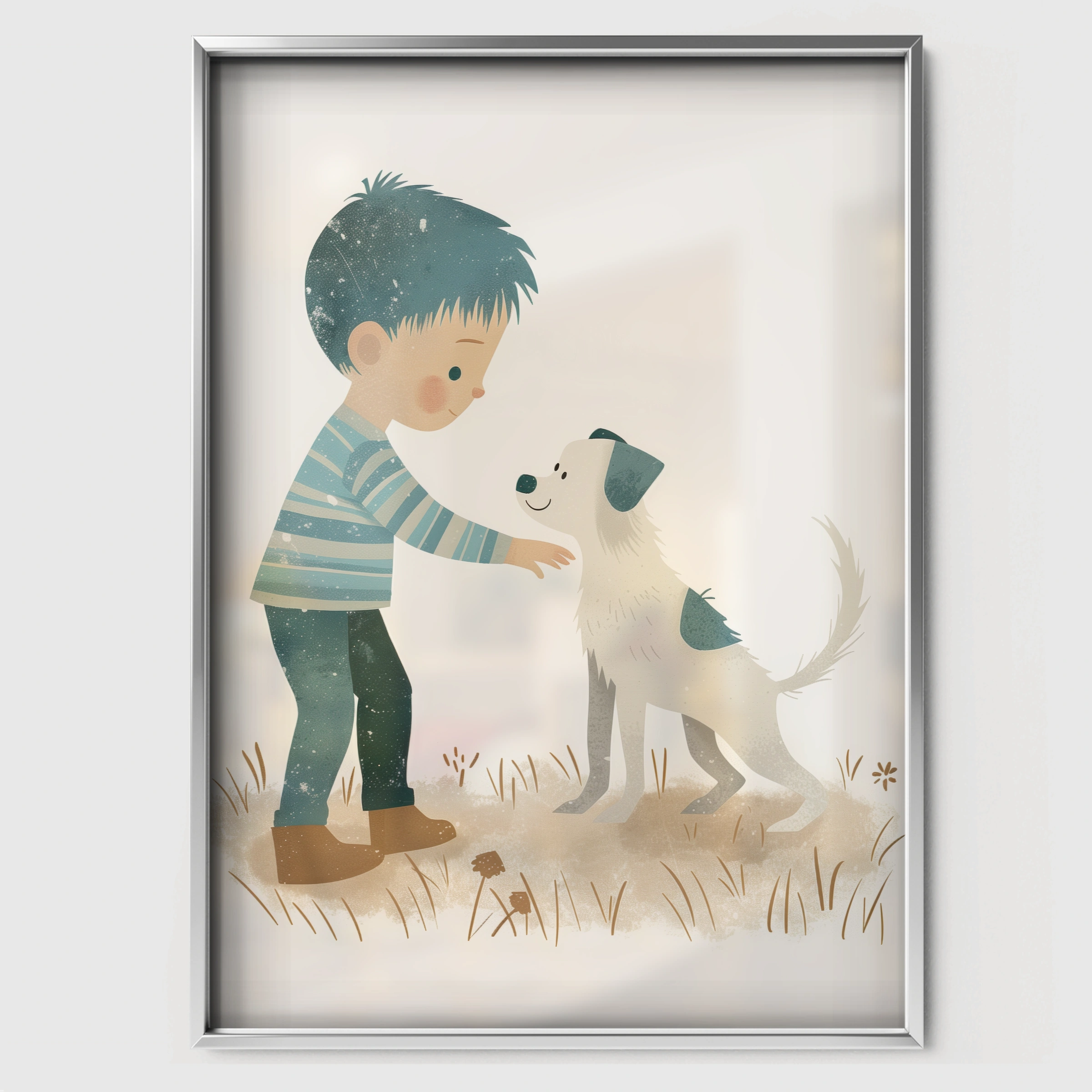 Boy and His Dog Nursery Print - white framed nursery wall art print