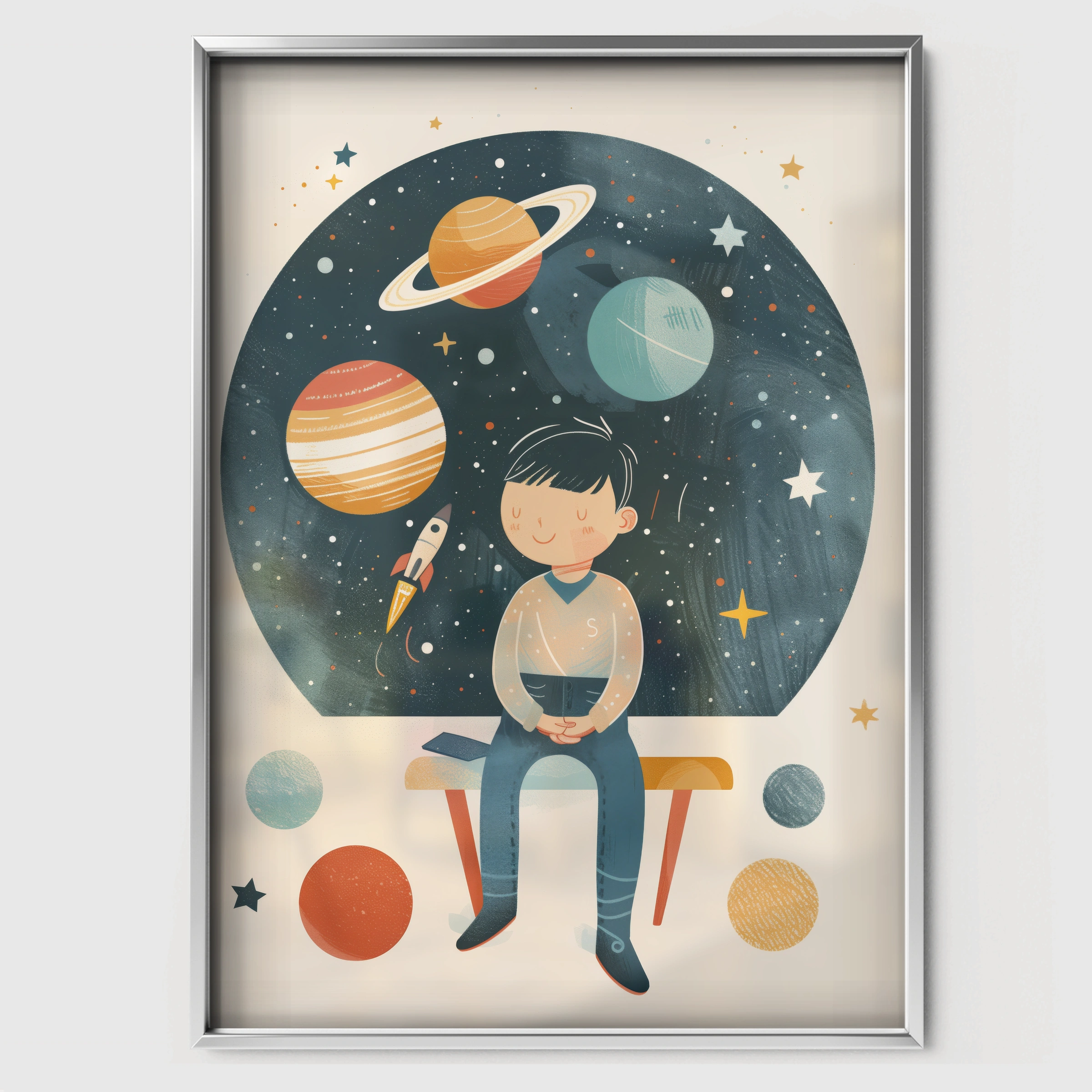 Boy and the Planets Nursery Print - white framed nursery wall art print