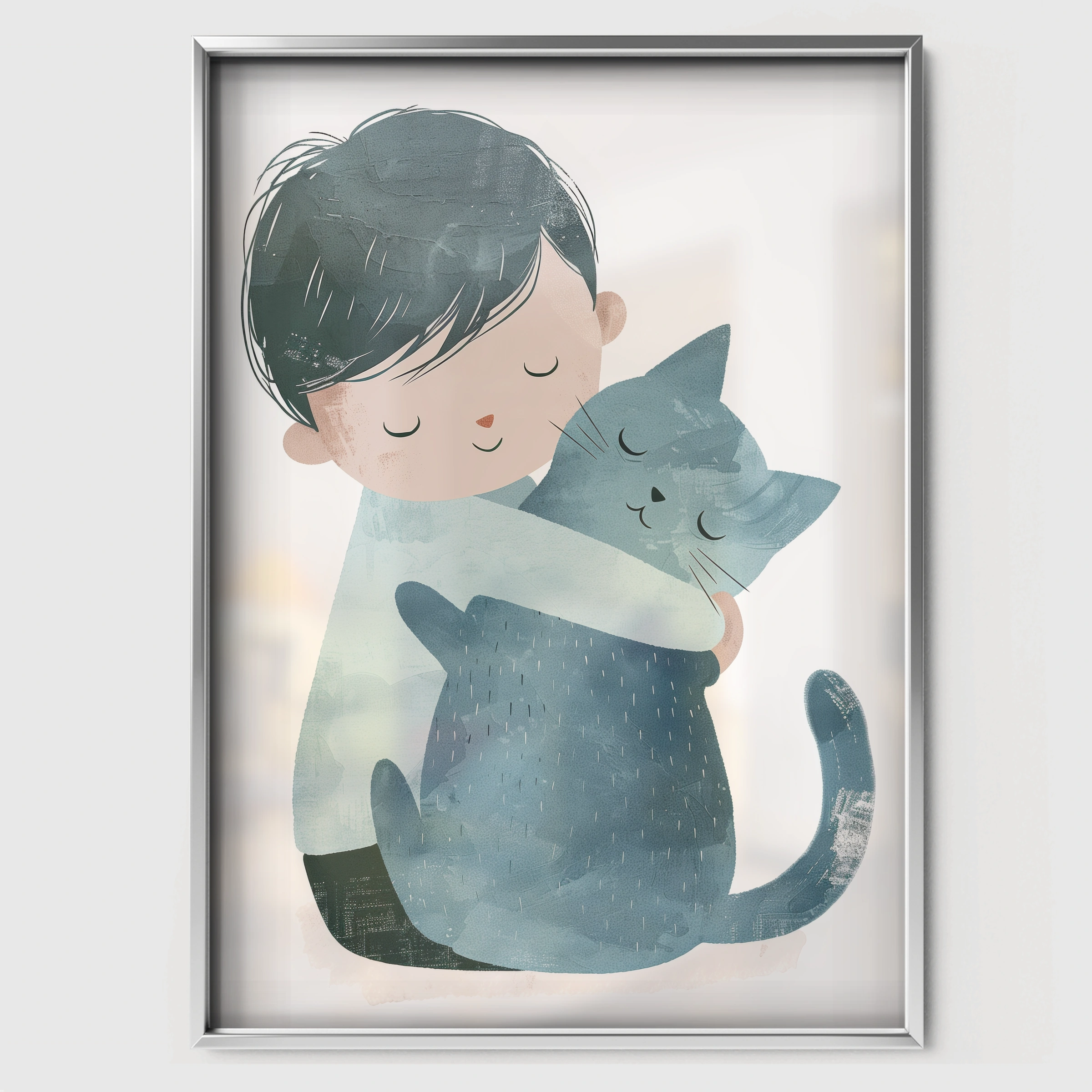 Boy Hugging a Cat Nursery Print - white framed nursery wall art print