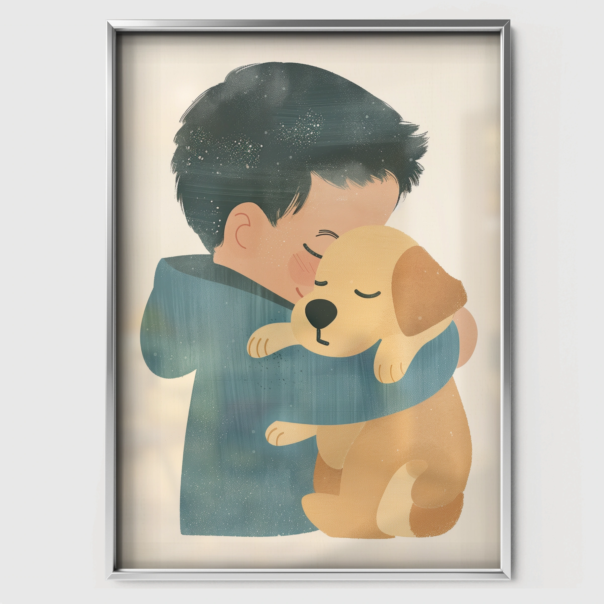 Boy Hugging a Puppy Nursery Print - white framed nursery wall art print