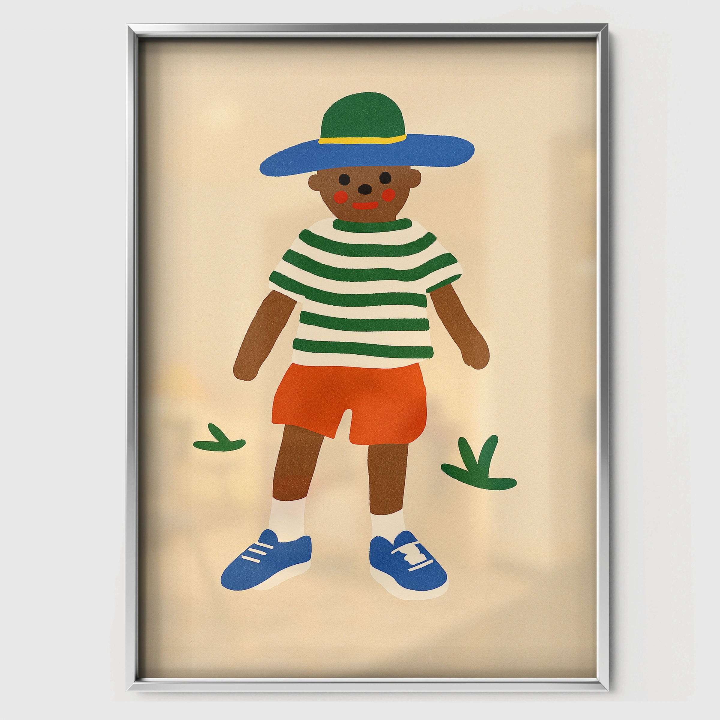 Boy in a Sun Hat Nursery Print - white framed nursery wall art print