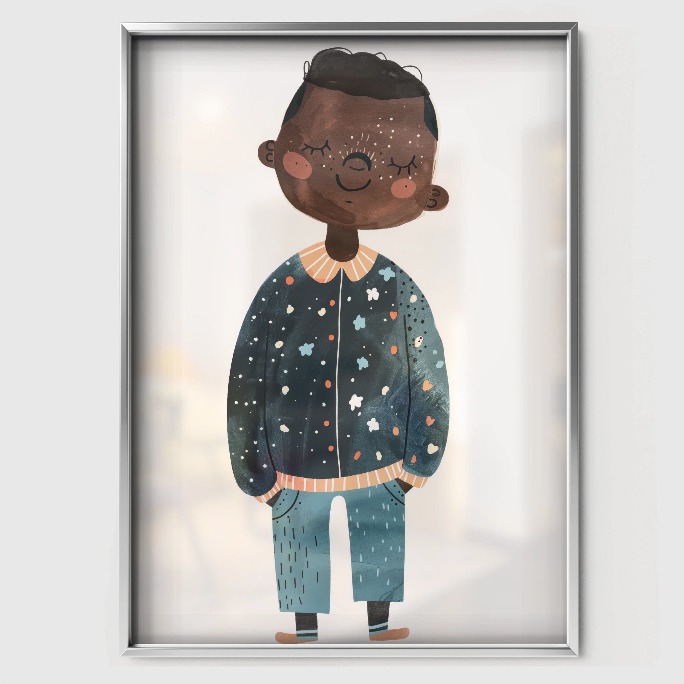 Boy in Star Pyjamas Nursery Print - white framed nursery wall art print