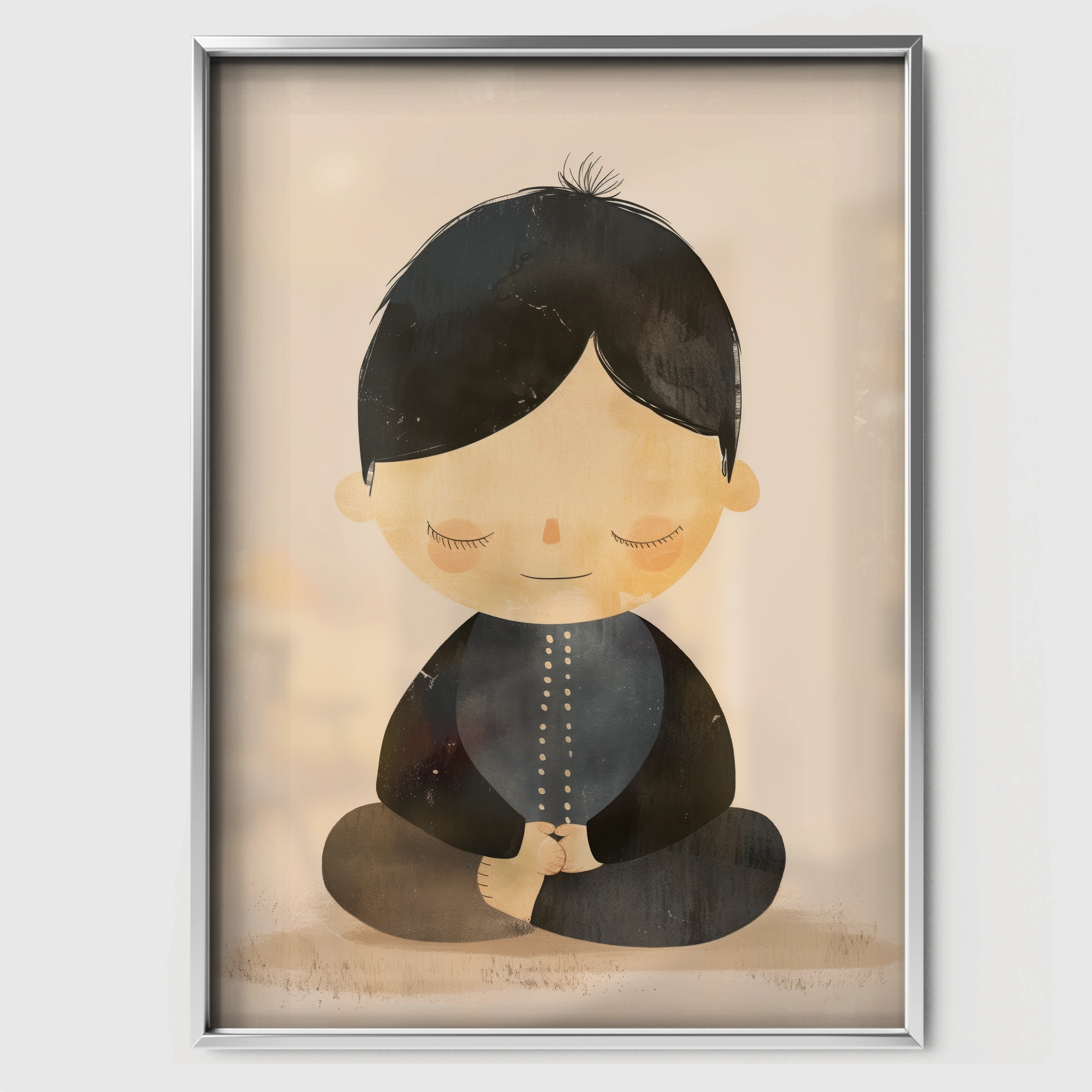 Boy Meditating Nursery Print - white framed nursery wall art print