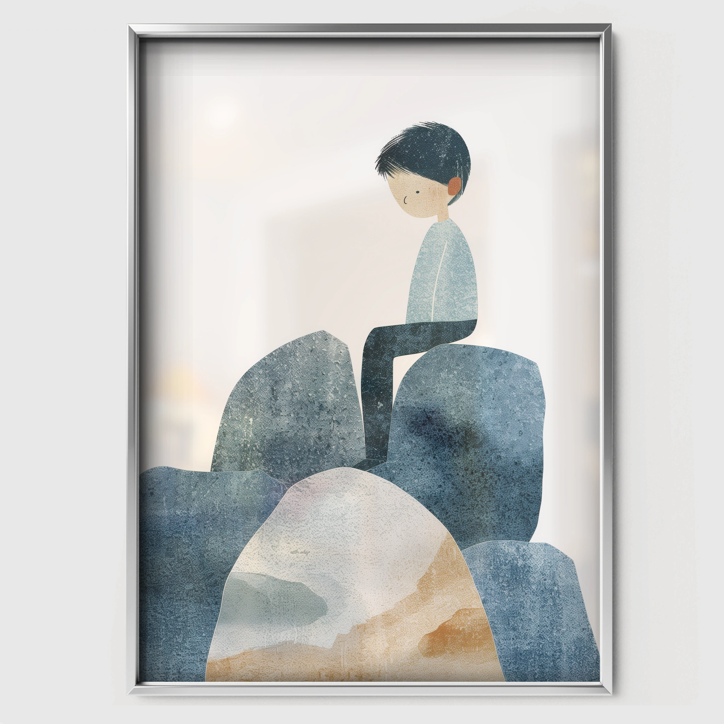 Boy on the Rocks Nursery Print - white framed nursery wall art print