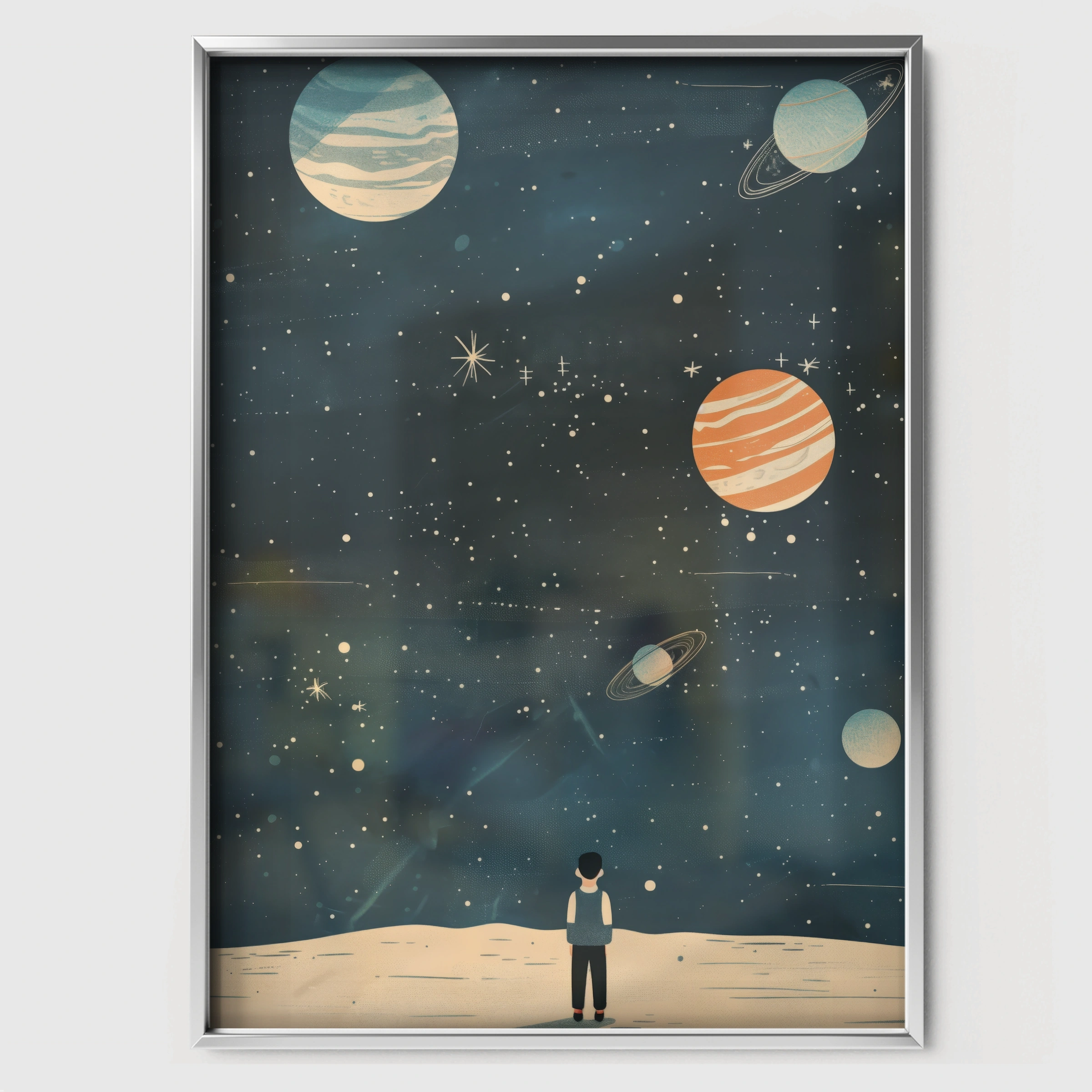 Boy Under the Planets Nursery Print - white framed nursery wall art print