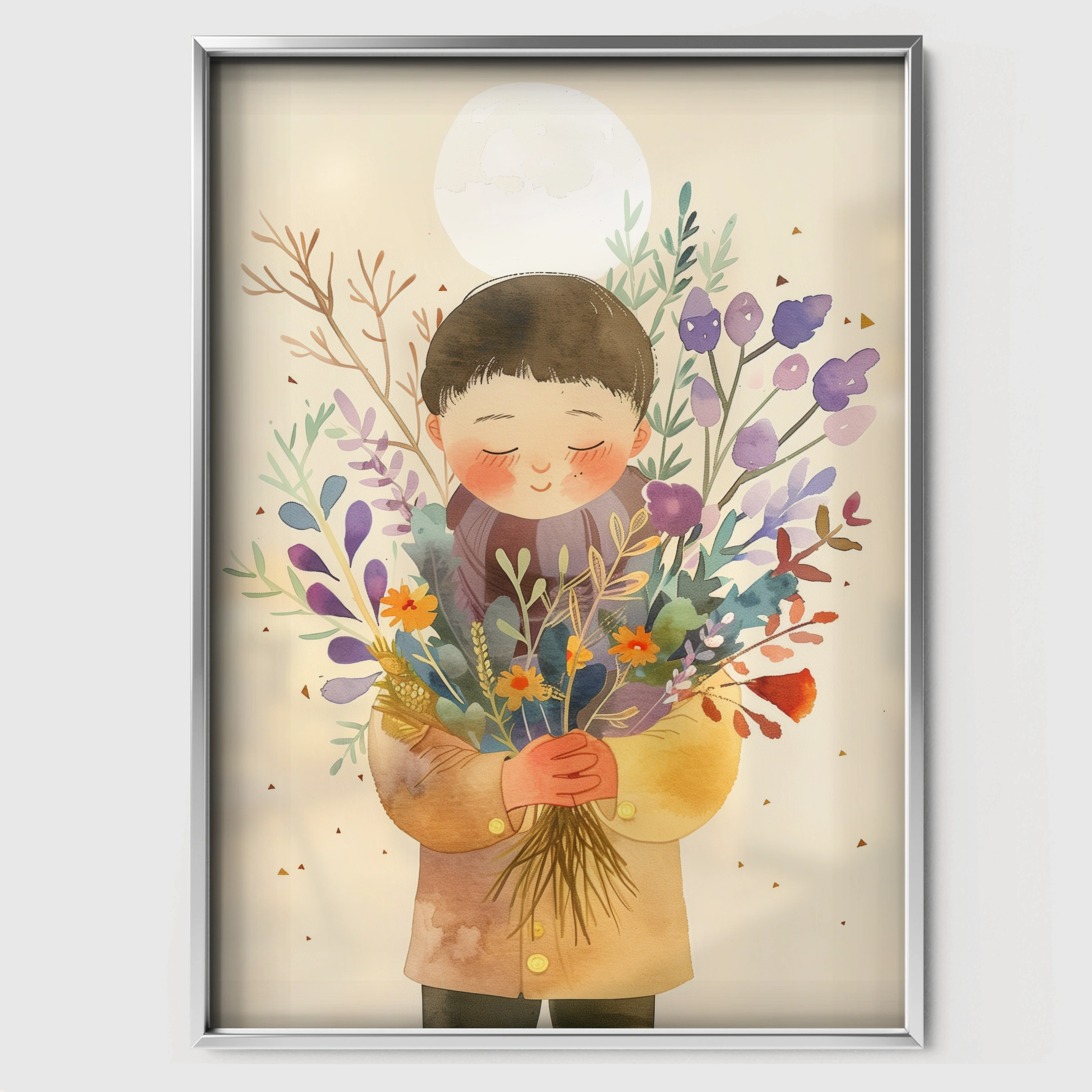 Boy with Flowers Nursery Print - white framed nursery wall art print