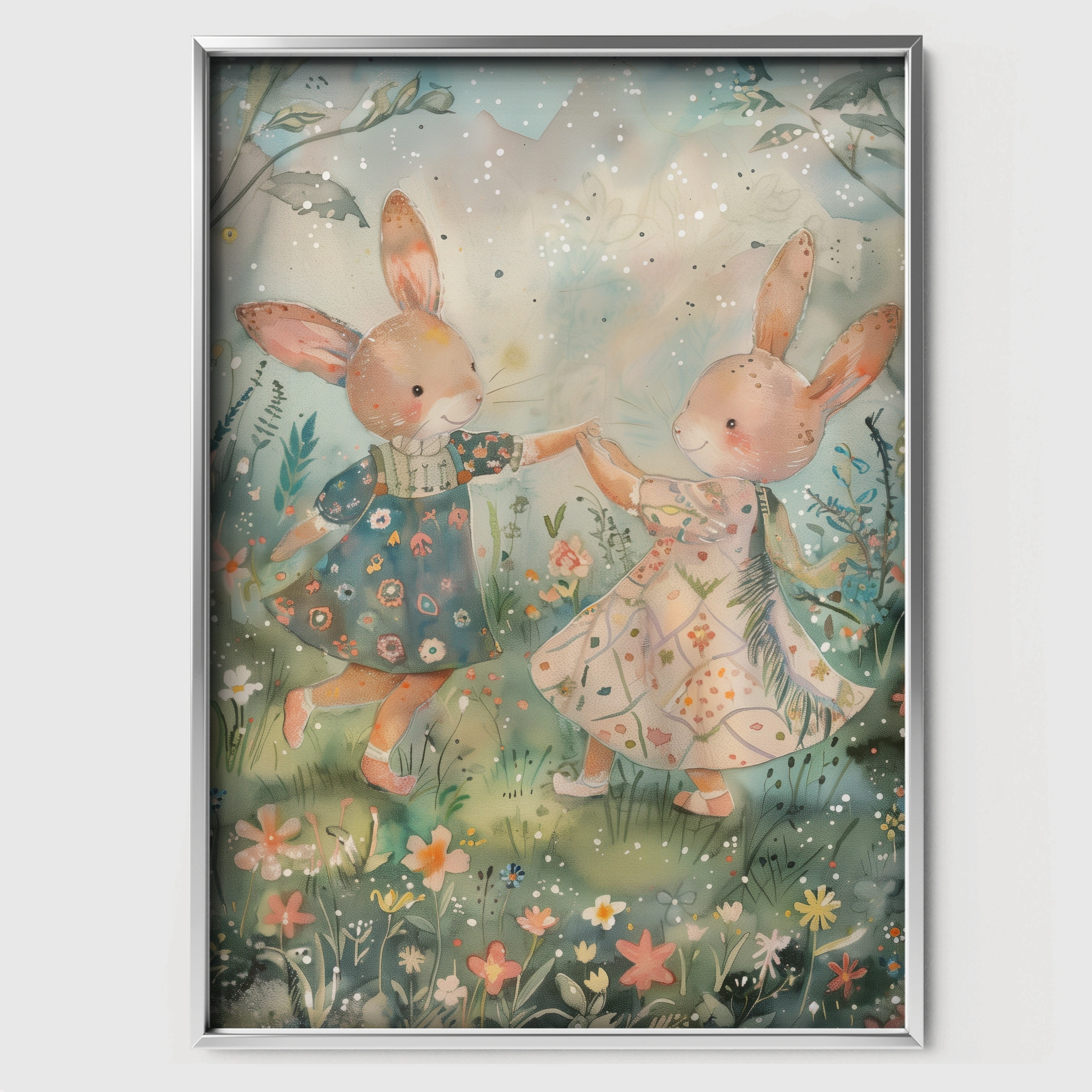 Bunnies Dancing Nursery Print - white framed nursery wall art print