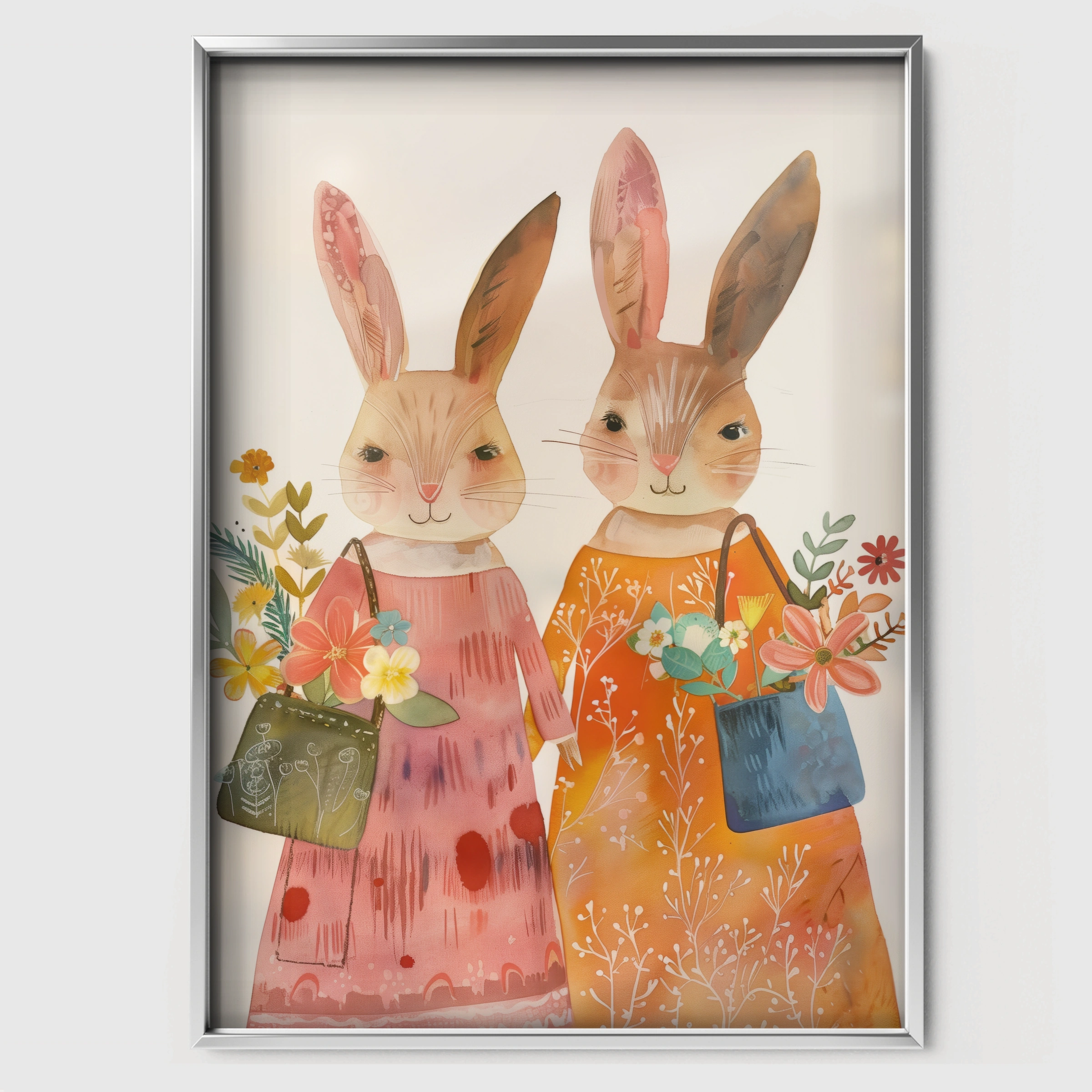 Bunnies in Dresses Nursery Print - white framed nursery wall art print