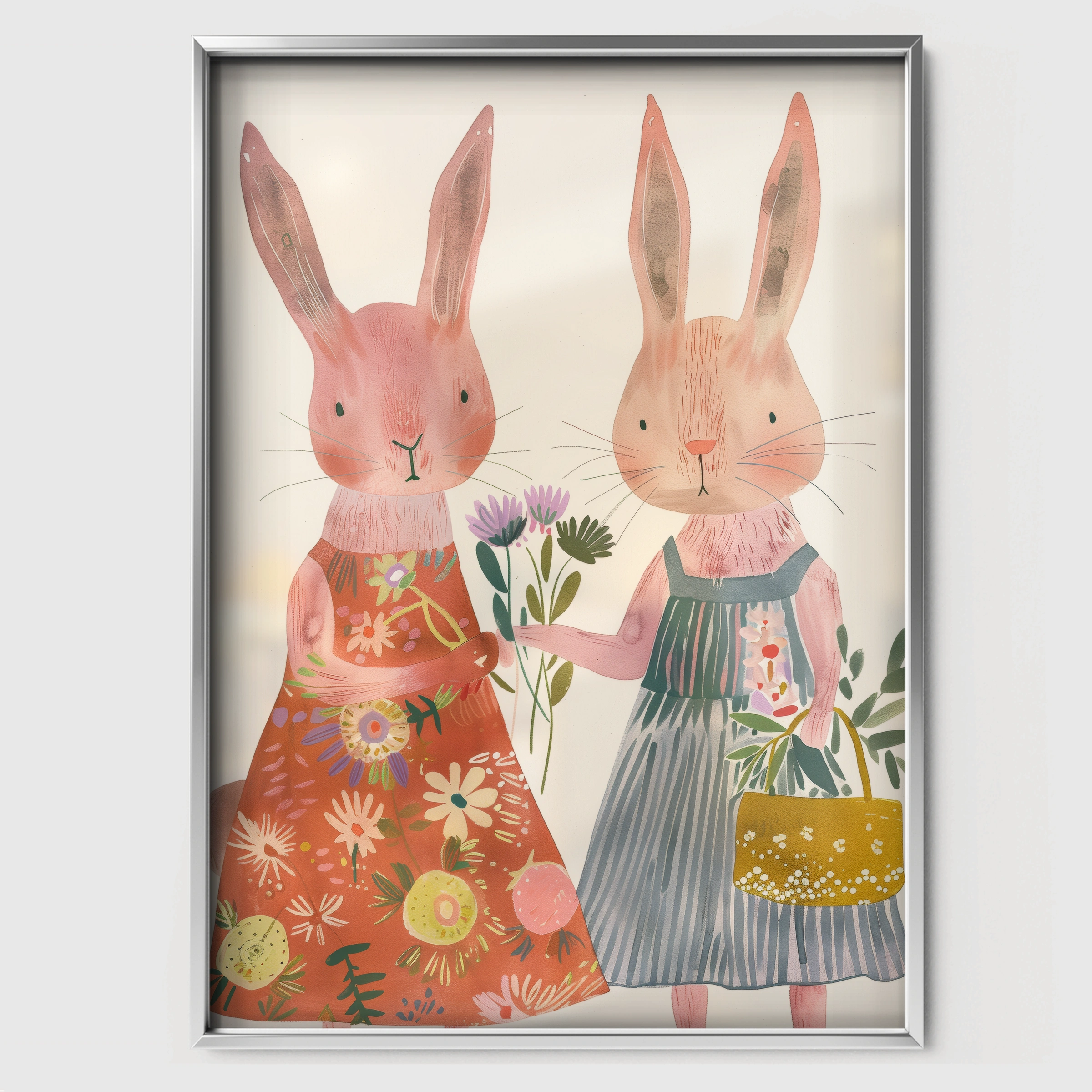 Bunnies with Flowers Nursery Print - white framed nursery wall art print