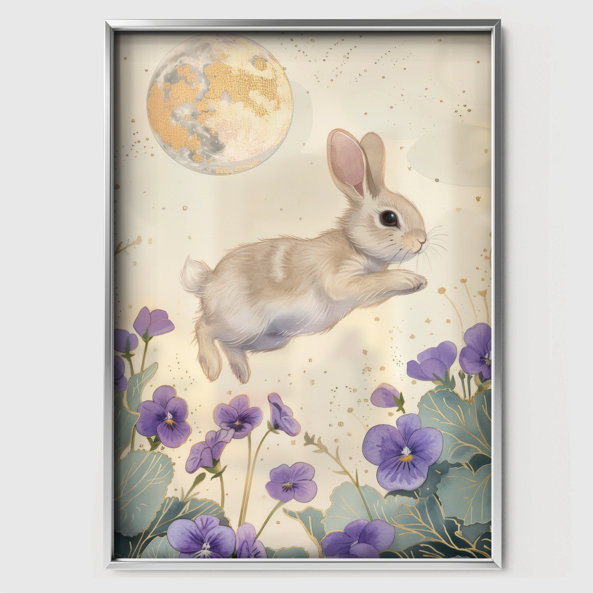 Bunny and the Moon Nursery Print - white framed nursery wall art print