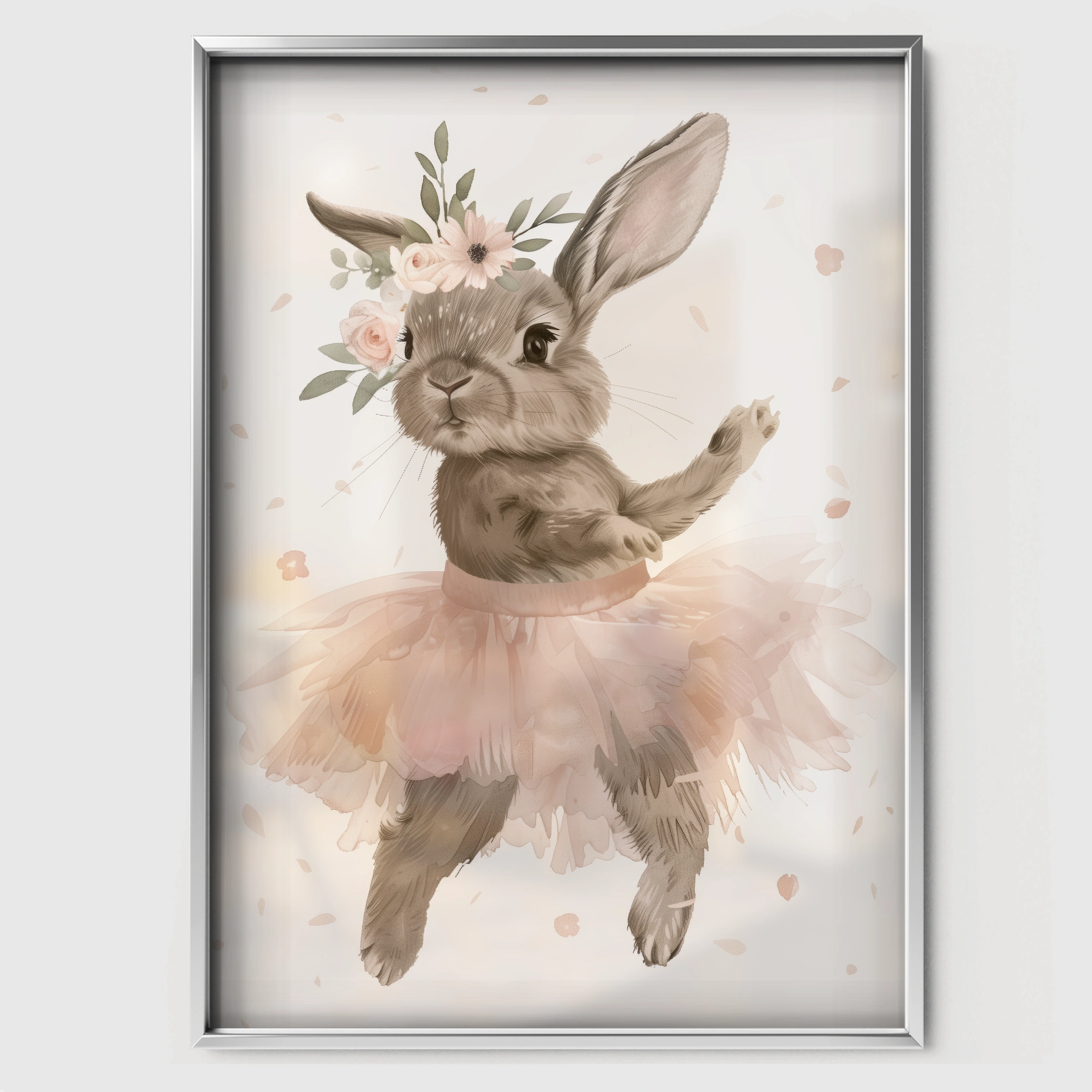 Bunny Ballerina with Flowers Nursery Print - white framed nursery wall art print