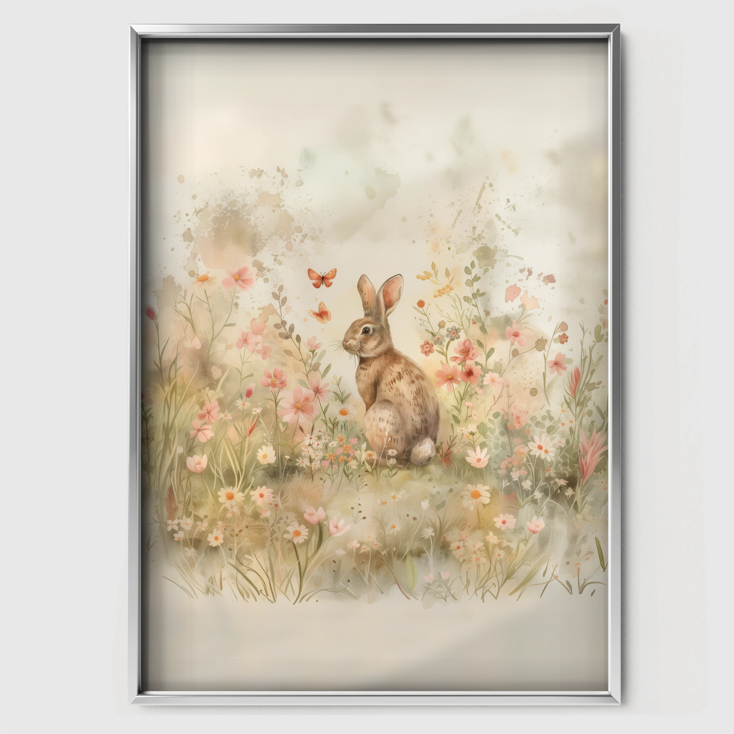 Bunny in a Meadow Nursery Print - white framed nursery wall art print