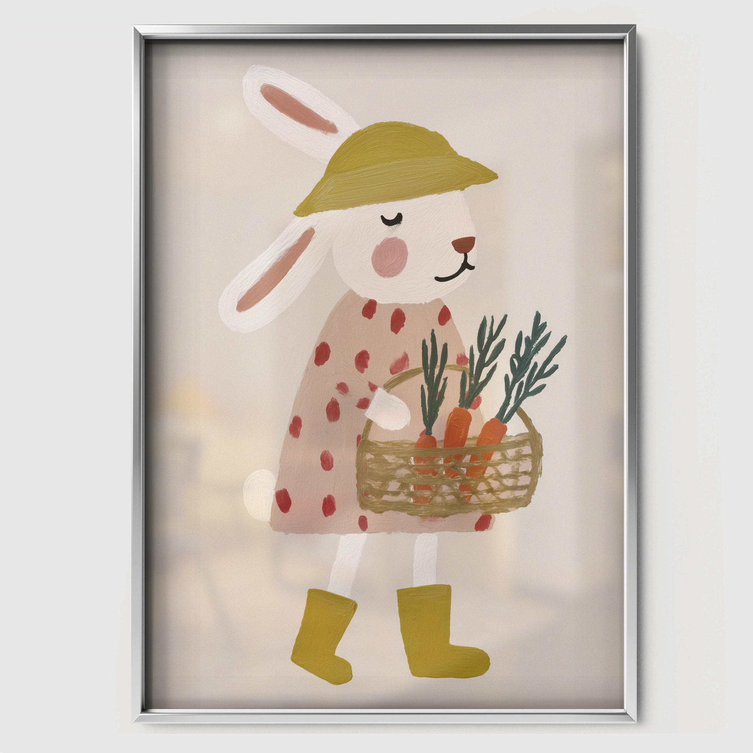 Bunny in a Raincoat Nursery Print - white framed nursery wall art print