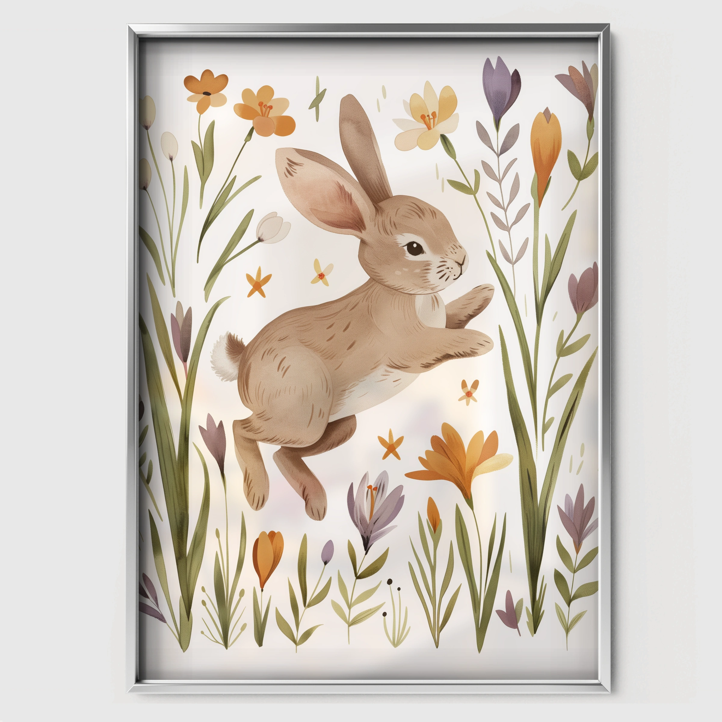 Bunny in Flowers Nursery Print - white framed nursery wall art print