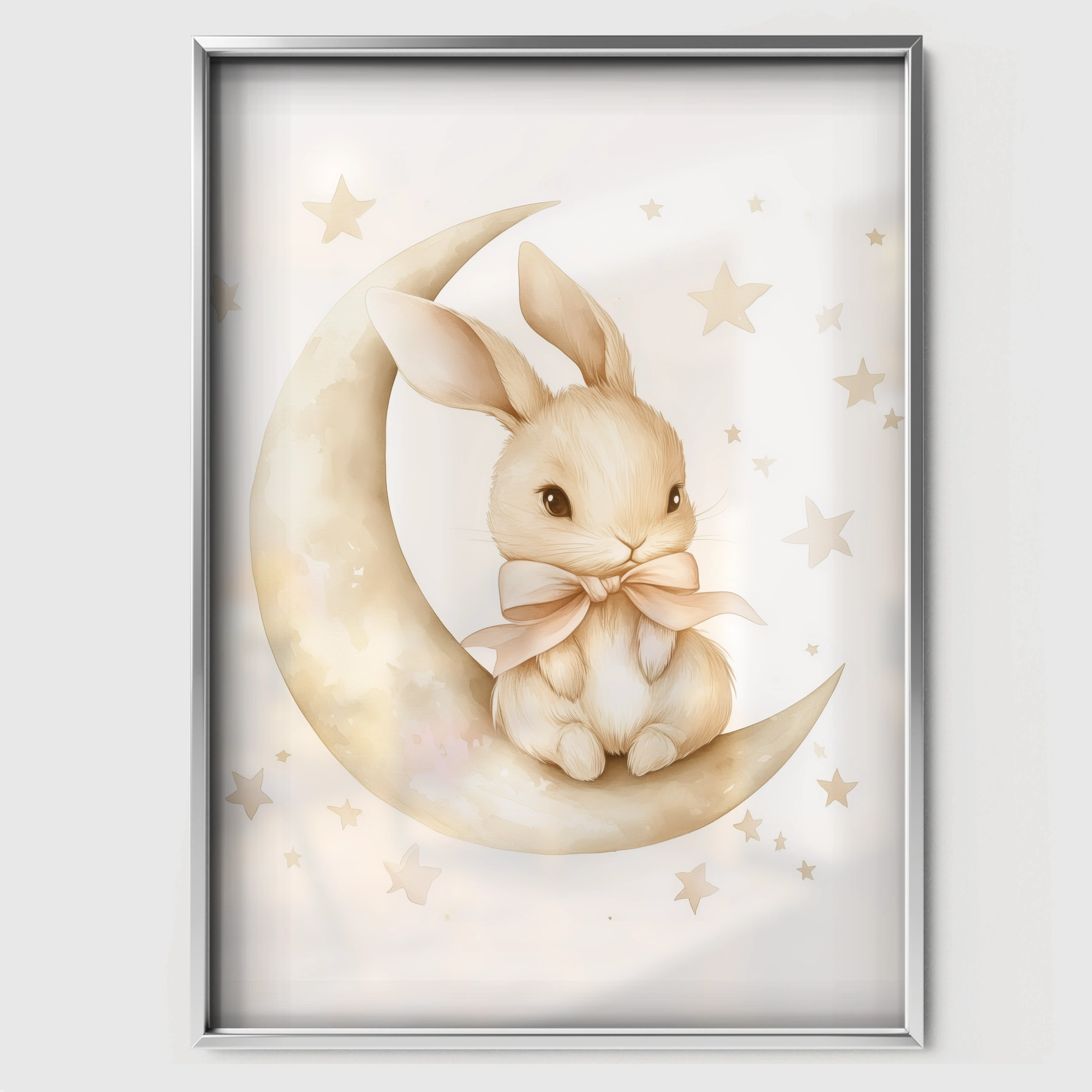 Bunny on the Moon Nursery Print - white framed nursery wall art print
