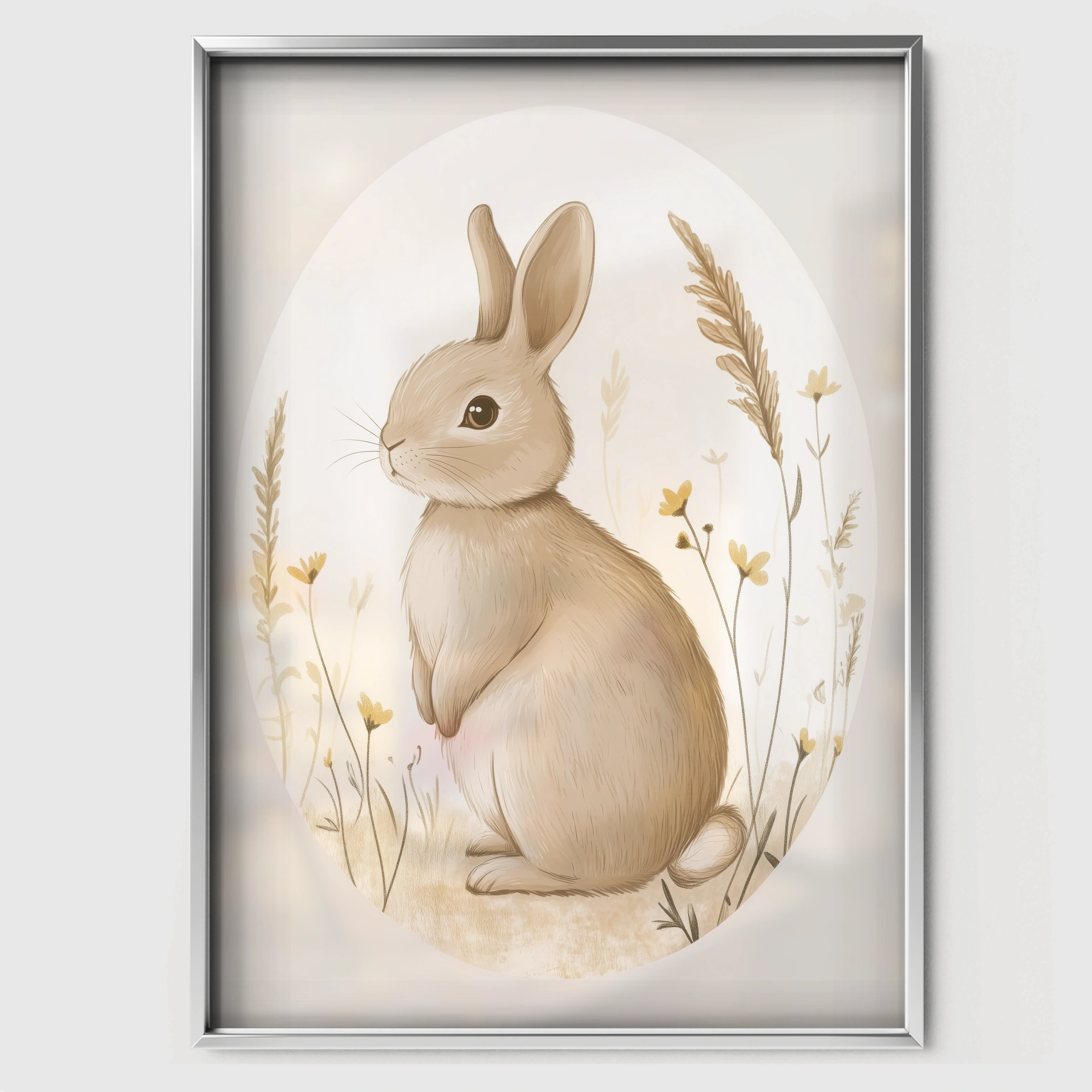 Bunny Oval Nursery Print - white framed nursery wall art print
