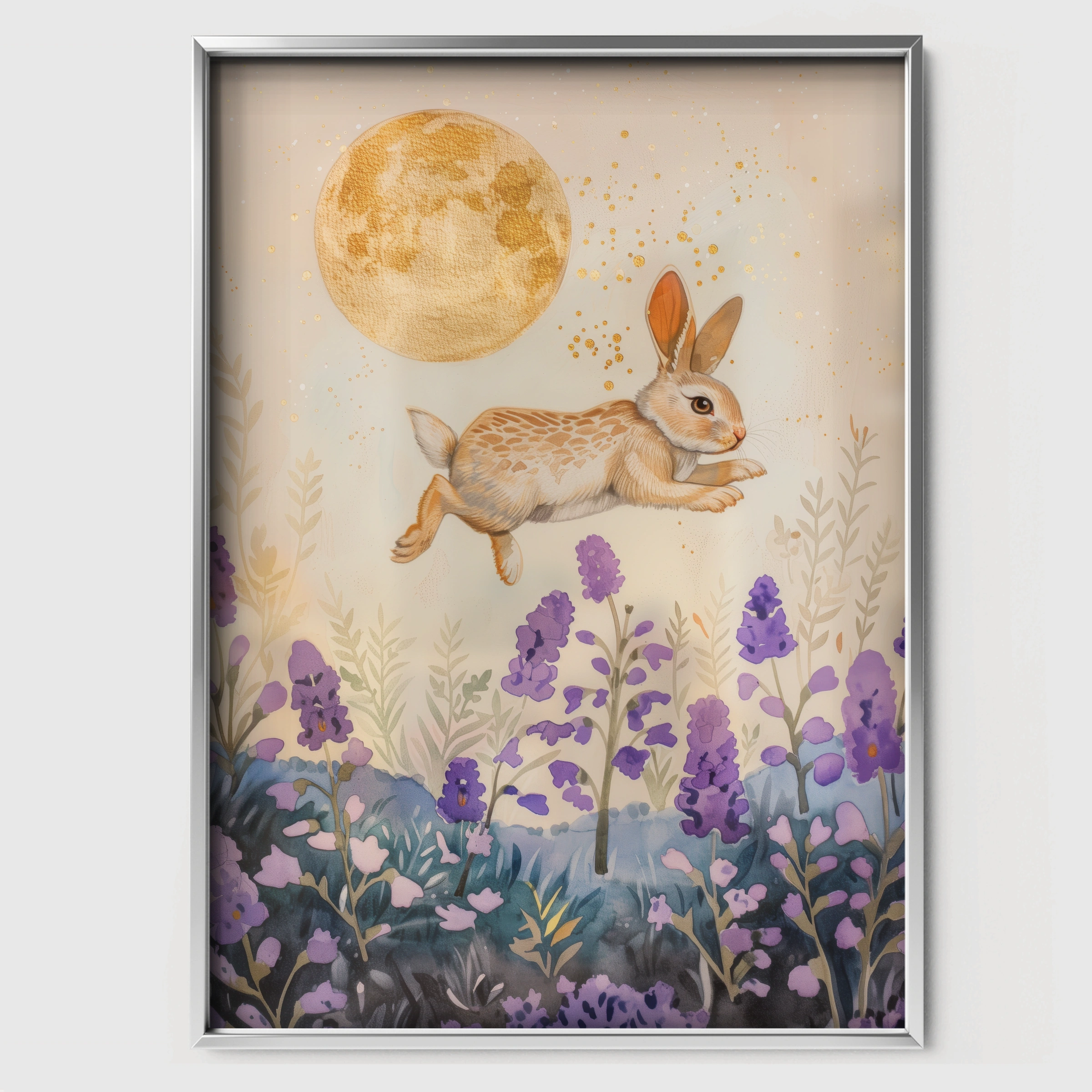 Bunny Under the Moon Nursery Print - white framed nursery wall art print